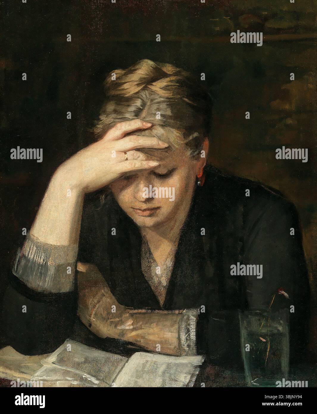 Marie Bashkirtseffs Gemälde „die Lesende“ aus dem Jahr 1880 zeigt Dina Babanina, die Cousine des Künstlers, die in das Lesen vertieft ist. Dieses Öl auf Leinwand an Bord unterstreicht Bashkirtseffs Talent, intime Momente festzuhalten. Stockfoto