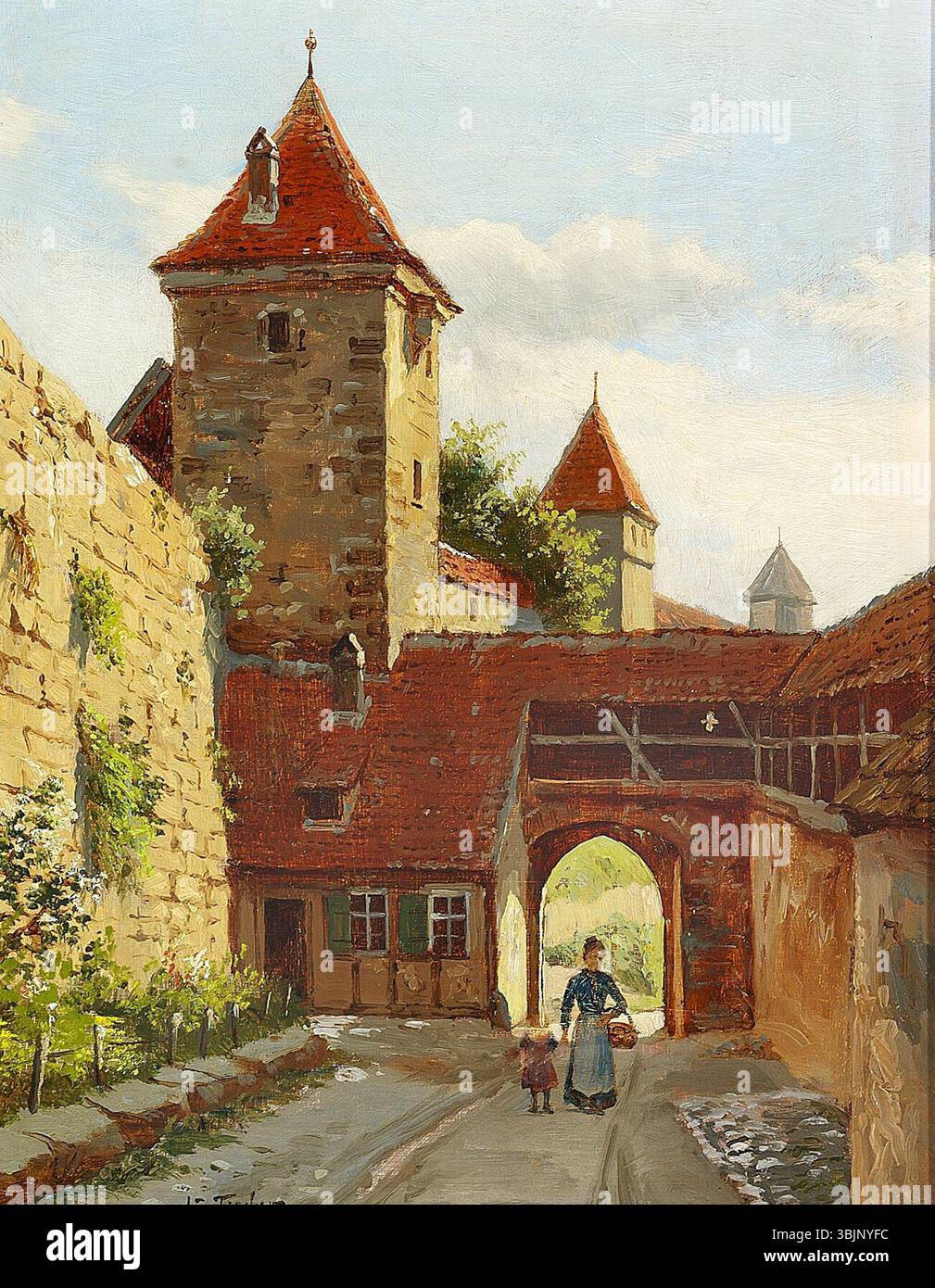 August Fischers Gemälde von 1872 bis 1921, „Udsigt mod den gamle byport i Nürnberg“, zeigt das historische Stadttor Nürnbergs mit detaillierter Architektur und Stadtlandschaft. Stockfoto