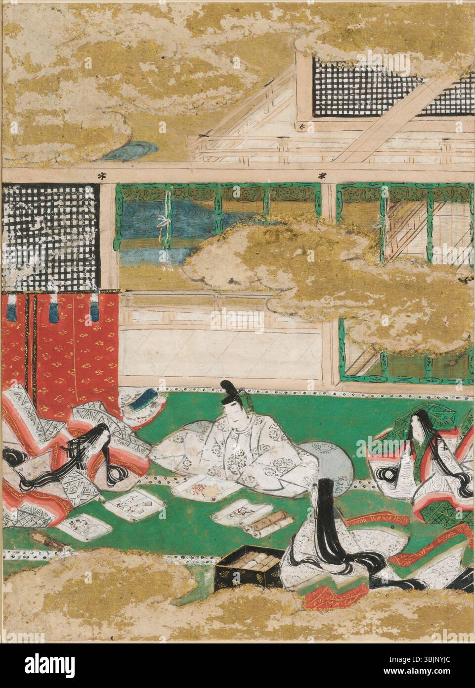 Tosa Mitsunobus „The Picture Contest (Eawase)“ ist eine Illustration zu Kapitel 17 der „Geschichte von Genji“. Dieses Gemälde stellt eine Szene dar, in der die Charaktere an einem Bildwettbewerb teilnehmen und traditionelle japanische künstlerische Techniken zeigen und einen Moment von kultureller Bedeutung festhalten. Stockfoto