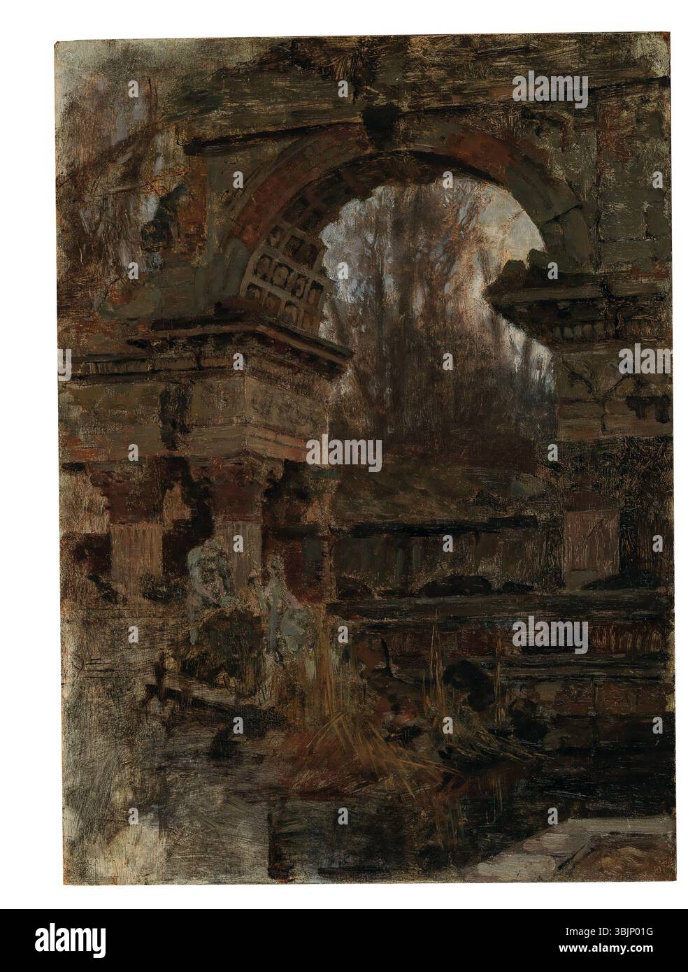 „Römische Ruine in Schönbrunn“ von Carl Moll (1861–1945) ist eine Studie aus der Zeit um 1892, die in Öl auf Holz gemalt wurde. Das Gemälde zeigt die Ruinen im römischen Stil im Schlosspark Schönbrunn und spiegelt die historische und architektonische Schönheit der Szene wider. Stockfoto