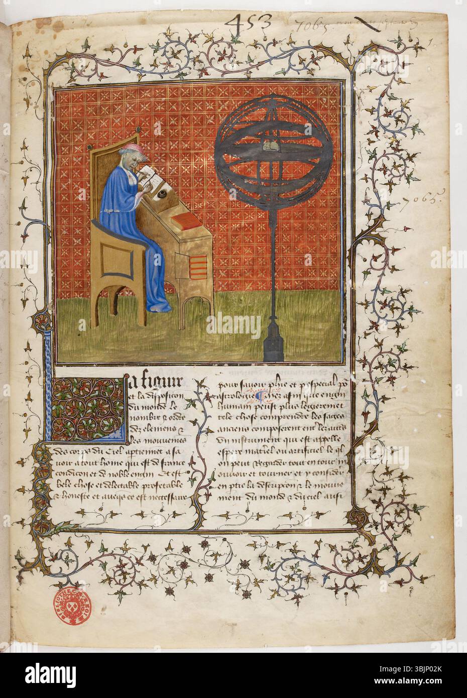 Nicole Oresmes Manuskript „Traité de la sphère“ aus dem Jahr 1322 ist eine französische Übersetzung von Aristoteles „de Caelo et de Mundo“. Diese Arbeit war bedeutsam in der mittelalterlichen Philosophie und Astronomie und gab Einblicke in das mittelalterliche Verständnis des Kosmos und der Position der Erde in ihm. Stockfoto