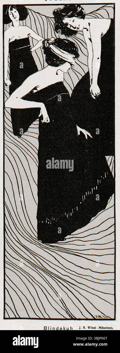 *Blindekuh* von Josef Rudolf Witzel (1867–1925) ist eine Illustration aus der Zeitschrift *Jugend*, die am 30. April 1898 veröffentlicht wurde. Das Kunstwerk zeigt eine spielerische Szene von Kindern, die das traditionelle deutsche Spiel *Blind man's Bluff* spielen. Stockfoto