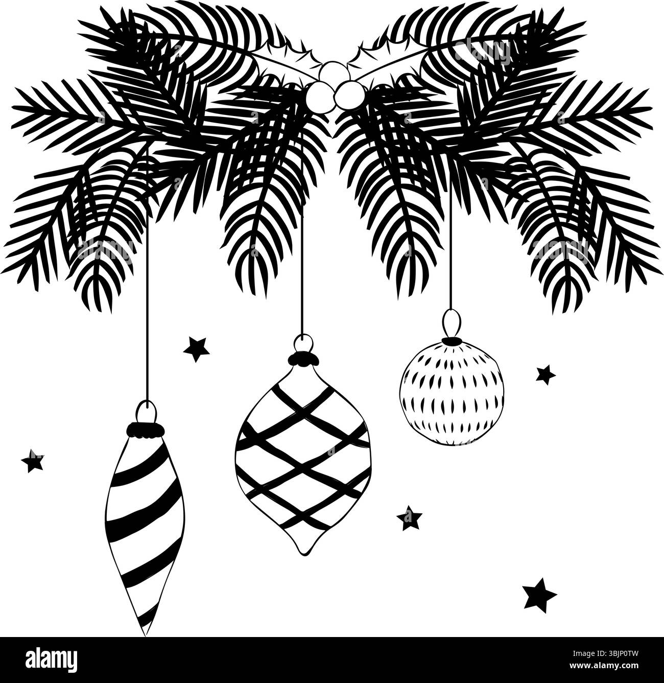 Weihnachtsbaumzweig verziert mit Spielzeug schwarz-weiß Komposition isoliert. Abbildung der grafischen Vektorfarbe. Illustration für Paket, holida Stock Vektor
