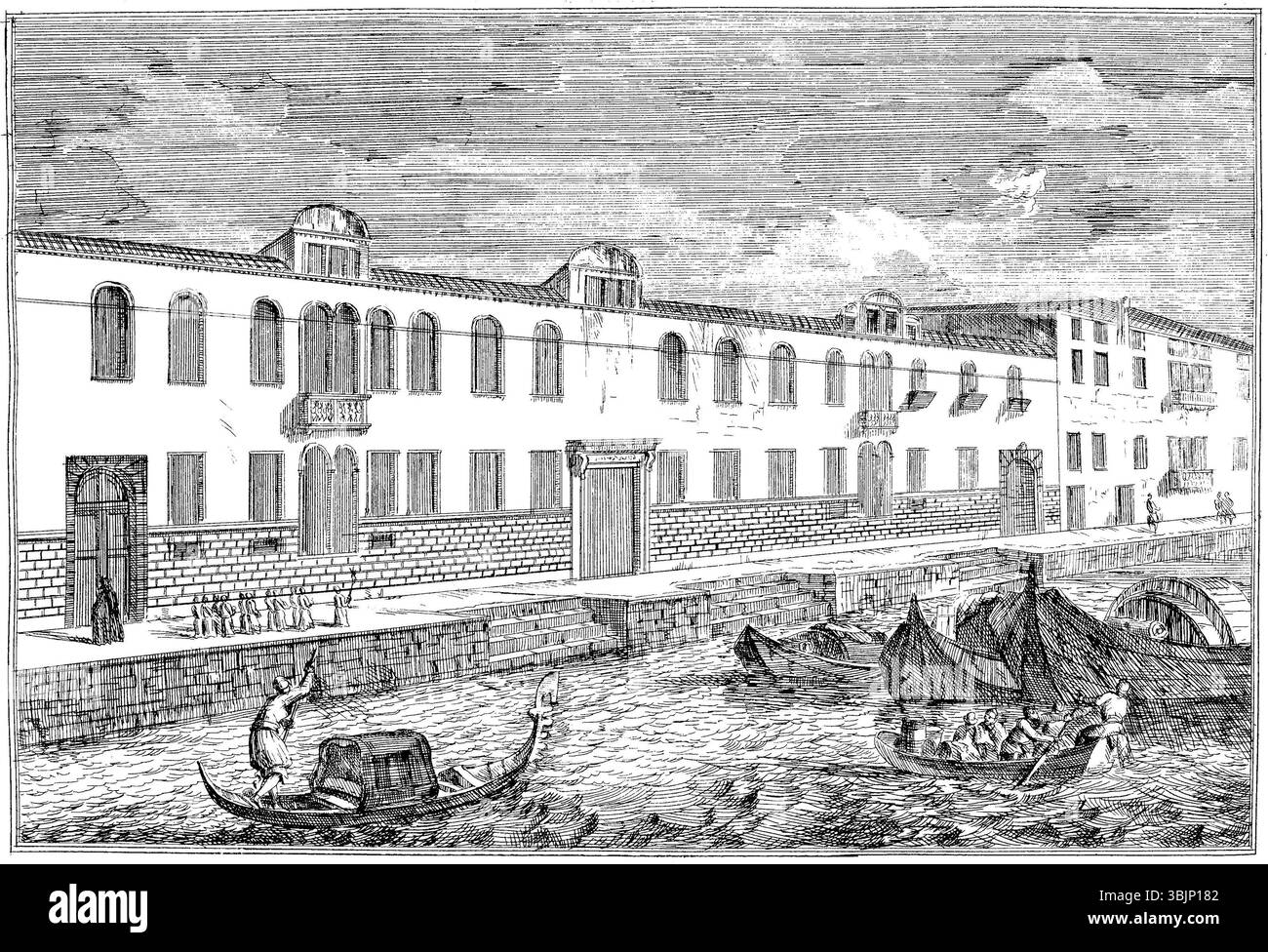 Luca Carlevarijs’ Gemälde „Veduta dell'Ospedale degli Incurabili“ aus dem Jahr 1717 zeigt eine Ansicht des Ospedale degli Incurabili, eines historischen Krankenhauses in Venedig. Carlevarijs ist bekannt für seine detaillierten Ansichten venezianischer Architektur und städtischer Landschaften. Stockfoto