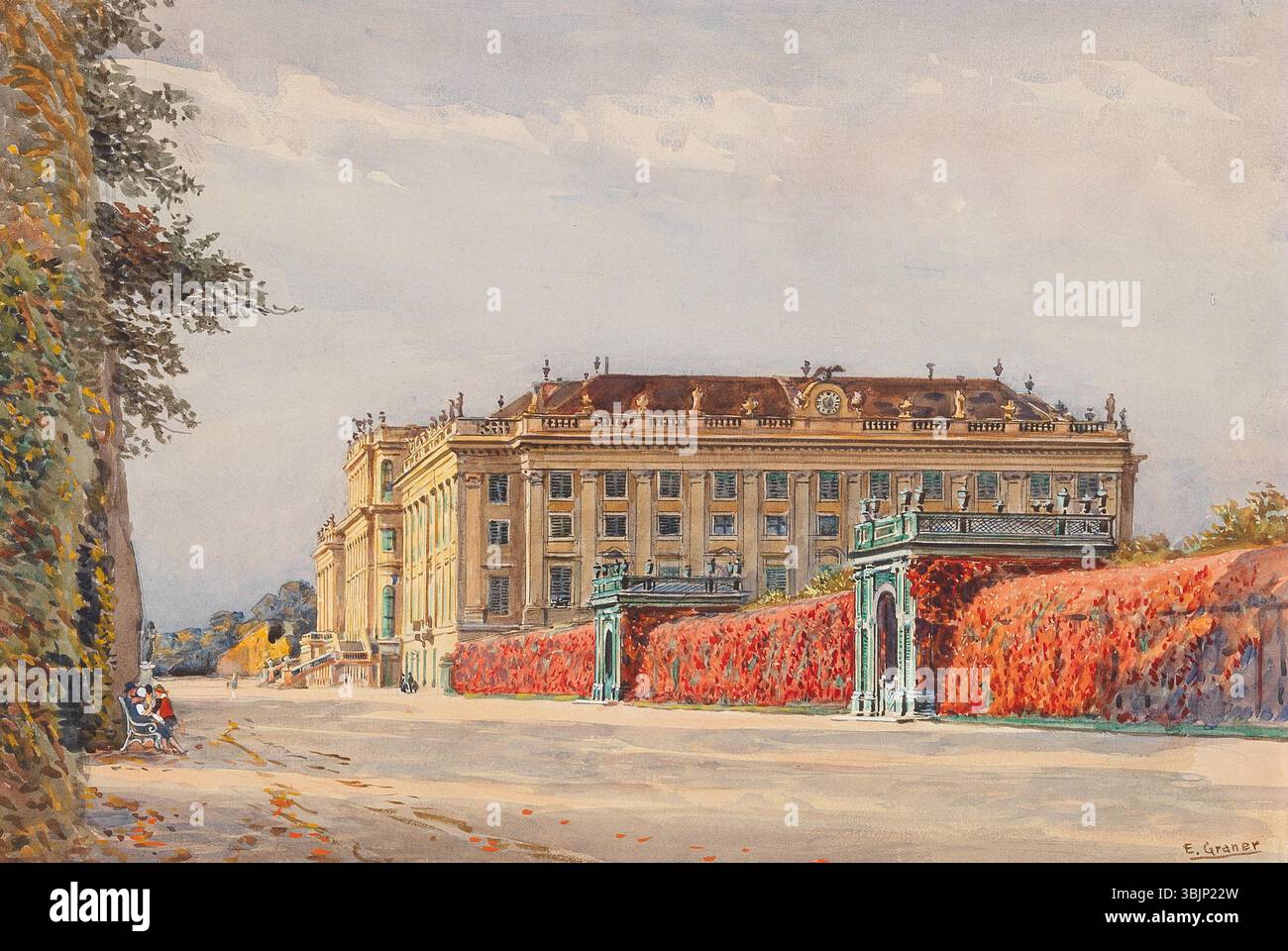 Ernst Graners Aquarell „Schloss Schönbrunn: Die Treillagepavillons im Kronprinzengarten“ (vor 1943) zeigt die Treillage-Pavillons im Kronprinzengarten bei Schloss Schönbrunn. Das Kunstwerk ist eine delikate Darstellung der historischen Gärten und zeigt Graners Aufmerksamkeit für architektonische und natürliche Elemente. Stockfoto