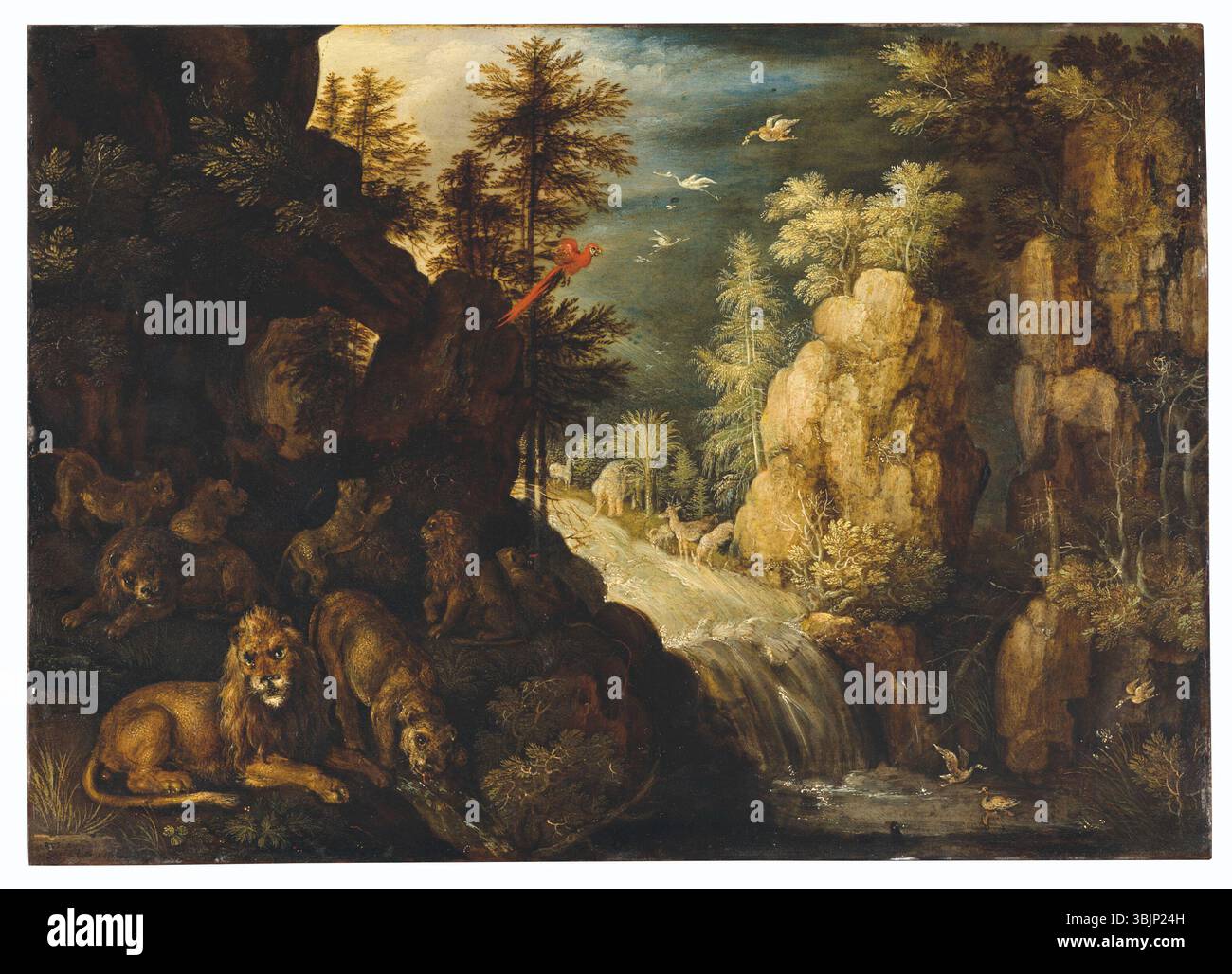 *Lions dans un paysage boisé* (1620er Jahre) von Roelandt Savery zeigt ein Paar Löwen in einer üppigen Waldlandschaft. Das Öl auf Kupfergemälde zeigt Saverys Aufmerksamkeit für die Tierwelt und seine Beherrschung der Landschaft und Tierdarstellung, wie sie in seinen Werken üblich ist. Stockfoto