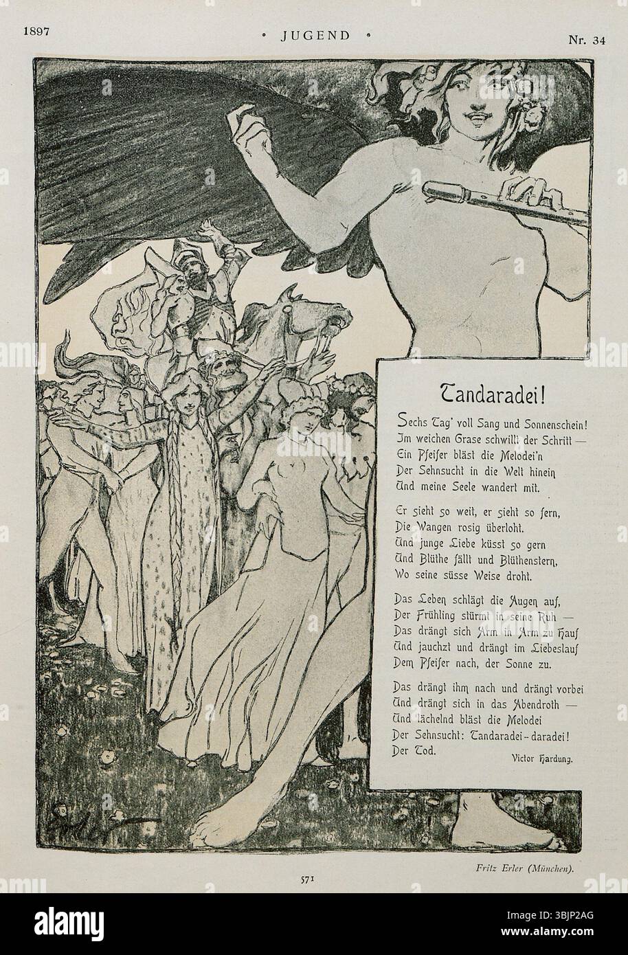 „Tandaradei!“ Von Victor Hardung & Fritz Erler (1897) wurde in der Zeitschrift Jugend (Heft Nr. 34, 1897) veröffentlicht. Die Illustration ist ein schönes Beispiel für Jugendstil-Kunst, geprägt von dekorativen Details und stilisierten Formen, die Eleganz und Schönheit betonen. Stockfoto