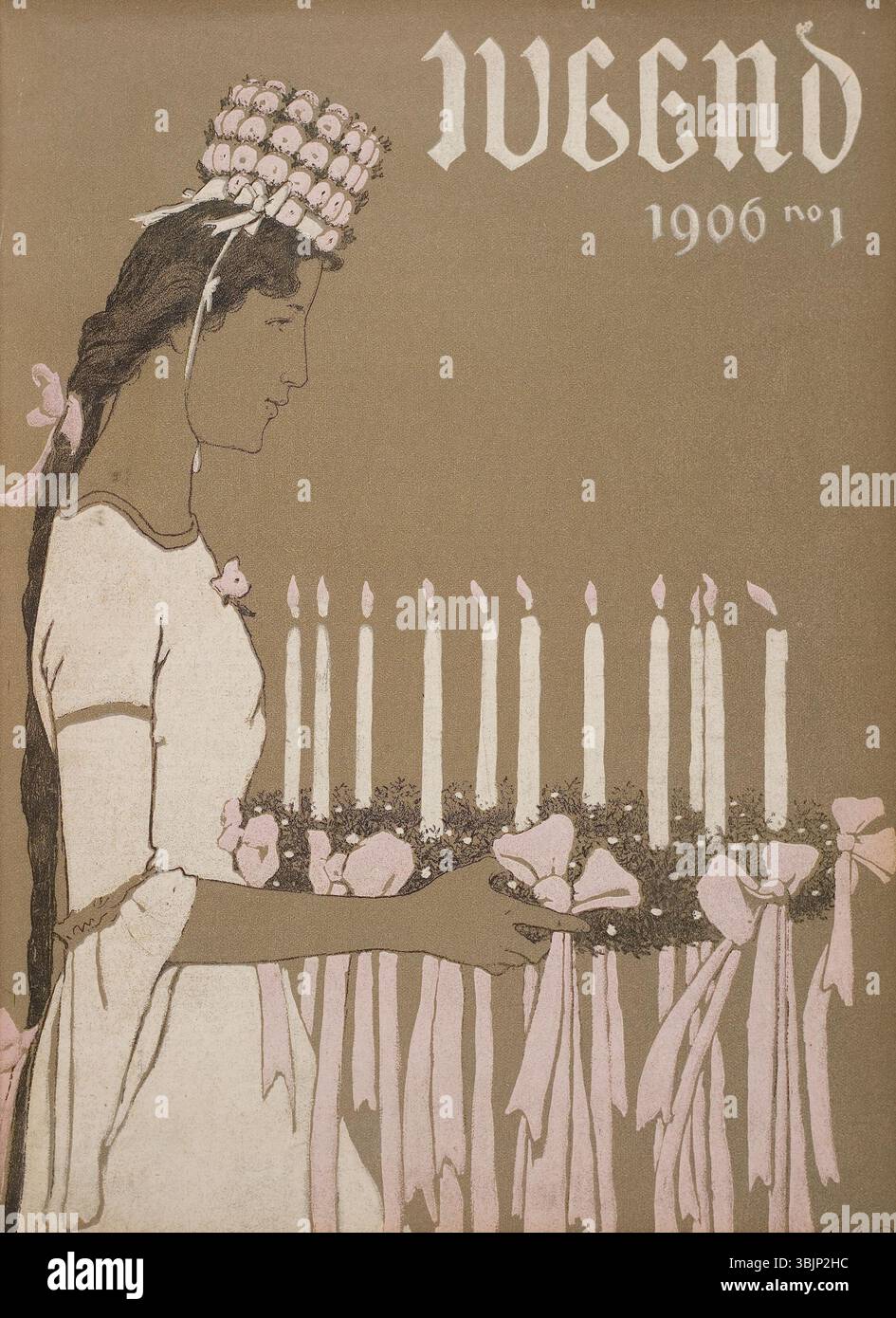 Fritz Erlers Entwurf für das Cover der Januar-Ausgabe 1906 der deutschen Kunst- und Literaturzeitschrift „Jugend“ repräsentiert den visuellen Stil des frühen 20. Jahrhunderts und erfasst die Schnittstelle von Kunst und Moderne. Stockfoto