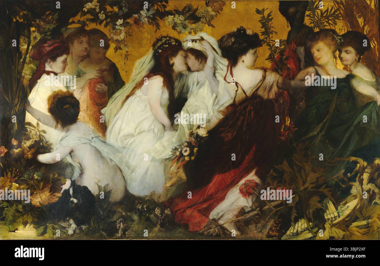 Diese Seitenwand aus Hans Makarts Serie „Moderne Amoretten“ von 1868 zeigt zierliche Darstellungen von amourösen Figuren. Das Stück unterstreicht Makarts Fähigkeit, mit Öl auf Leinwand dramatische und dennoch verspielte Kompositionen zu kreieren. Stockfoto