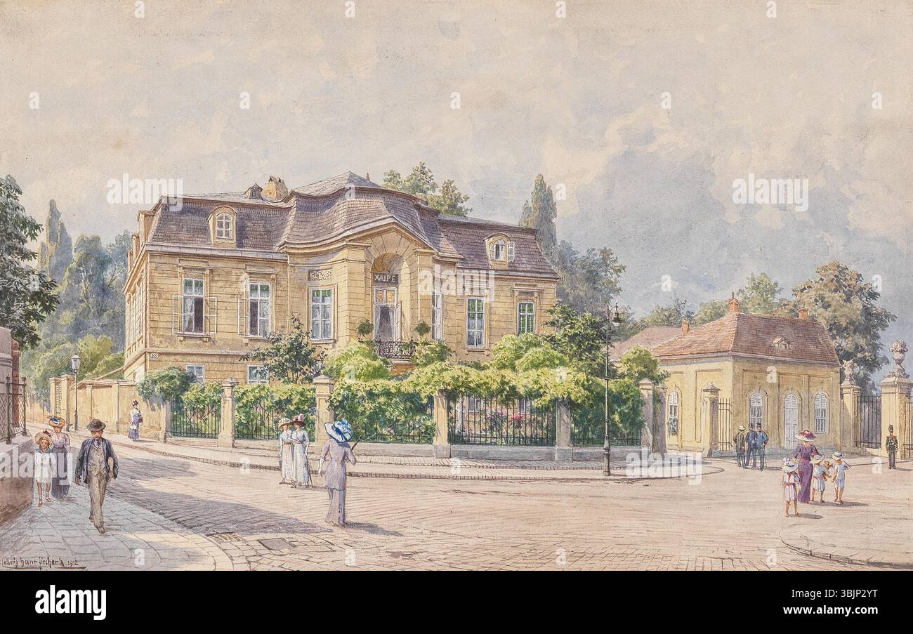 Ludwig Hans Fischers Aquarellbild von 1912 zeigt die Villa am Meidlinger Tor in der Nähe des Schlossparks Schönbrunn in Wien. Das Kunstwerk hebt das architektonische Design der Villa und ihre Position innerhalb des größeren Palastkomplexes hervor. Stockfoto