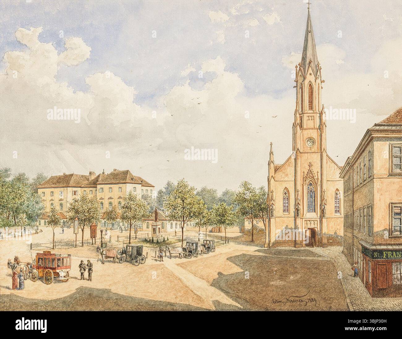 Edmund Krenns Aquarell von 1889 zeigt die Pfarrkirche Maria Hietzing und den Eingang zum Schlosspark Schönbrunn in Wien. Das Gemälde zeigt die architektonische Schönheit der Kirche und ihre Rolle im religiösen und kulturellen Erbe der Stadt. Stockfoto