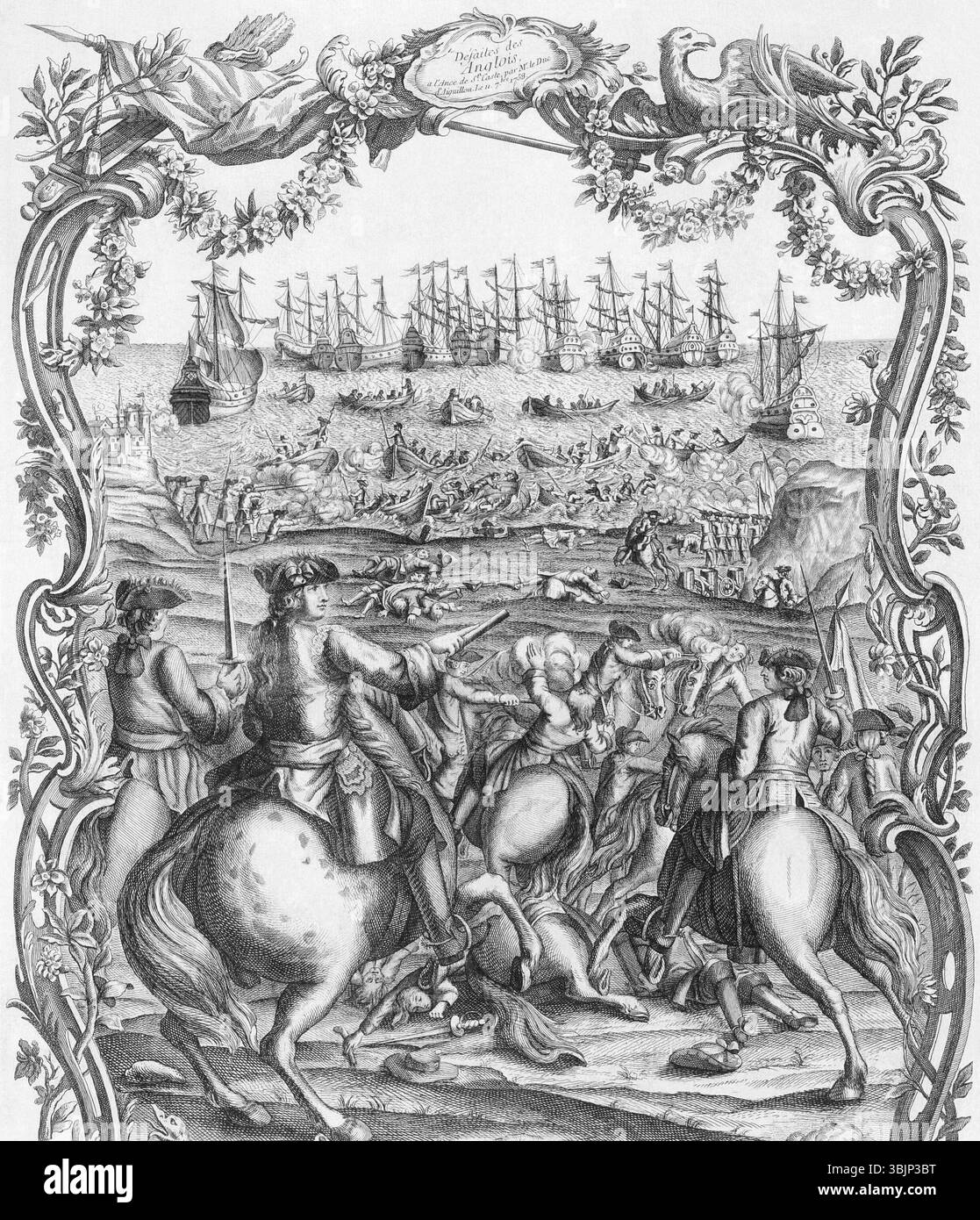 Dieser 1758 erschienene Druck von Nicolas Ozanne illustriert die Niederlage der Briten in der Schlacht von St. Cast, die am 11. September 1758 ausgetragen wurde. Der Druck zeigt die Nachwirkungen der Schlacht und zeigt den Sieg der französischen Marine während des Siebenjährigen Krieges. Das Bild wird mit Papier und Tinte detailgetreu gerendert. Stockfoto