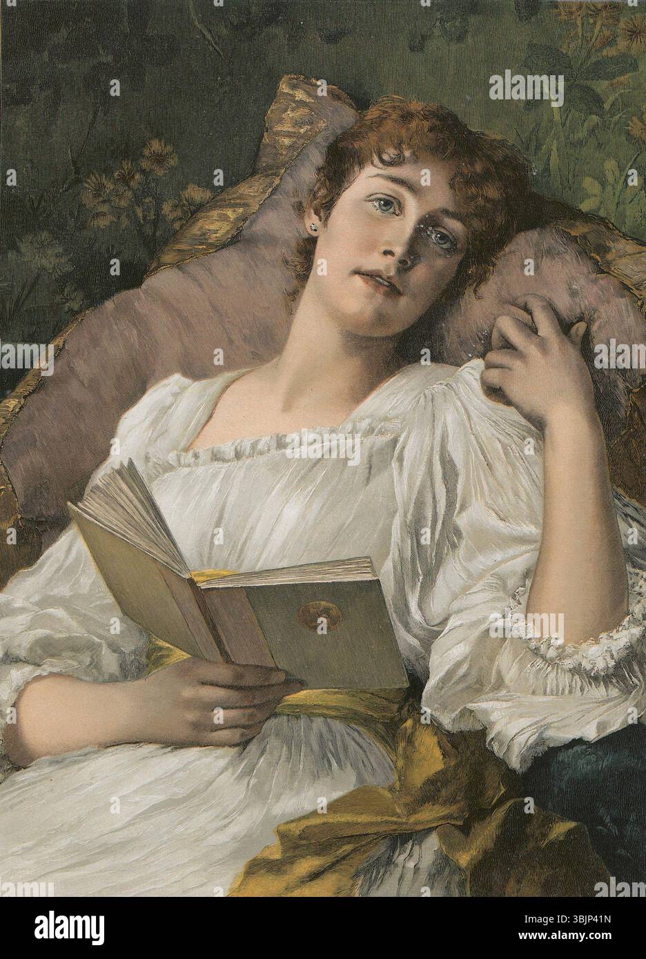 Conrad Kiesel (1846–1921) malte vor 1895 „der neueste Roman“. Dieses Ölgemälde stellt ein literarisches Thema dar, das möglicherweise eine Szene illustriert, die mit dem neuesten Roman in realistischer Technik des 19. Jahrhunderts verwandt ist. Stockfoto