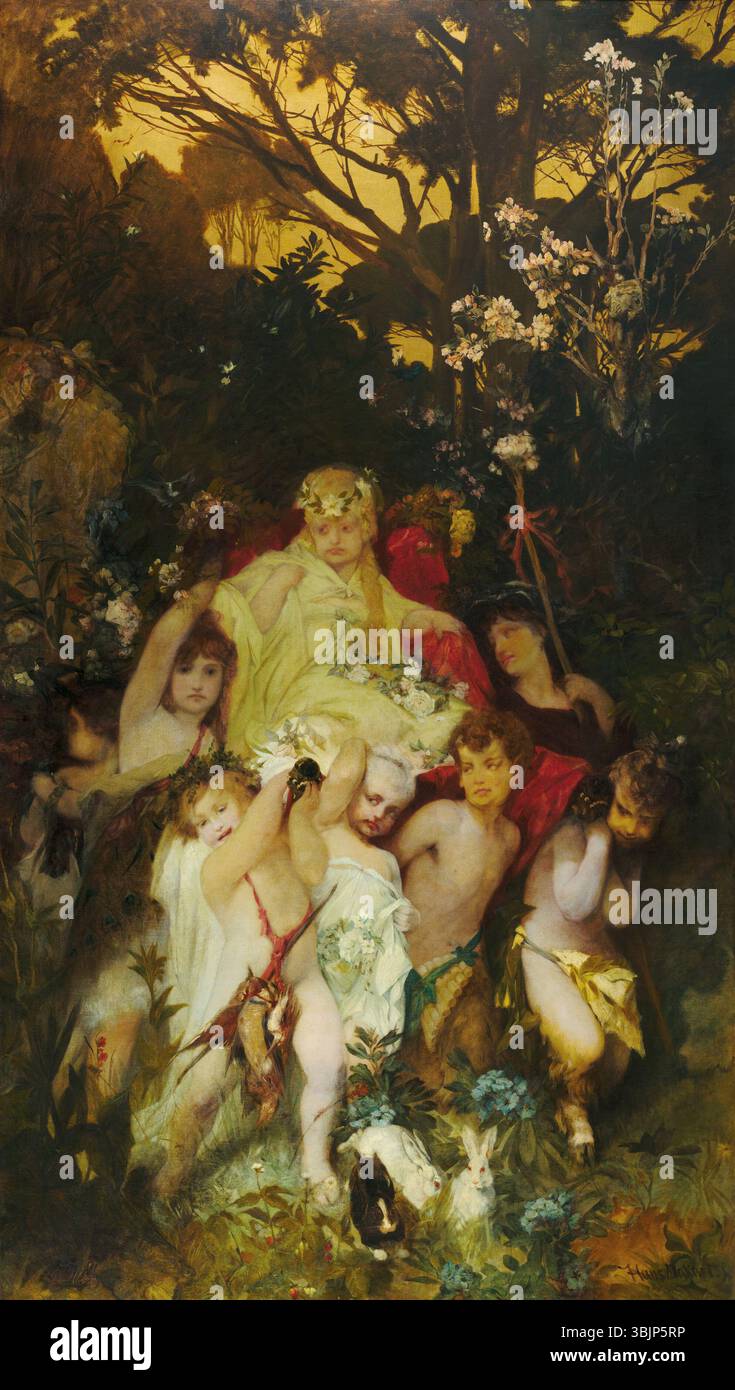 Das zentrale Panel von Hans Makarts Triptychon „Moderne Amoretten“ aus dem Jahr 1868 zeigt lebendige Liebesdarstellungen und verspielte romantische Figuren, die in Öl auf Leinwand mit Makarts unverkennbarem dramatischem Flair dargestellt werden. Stockfoto