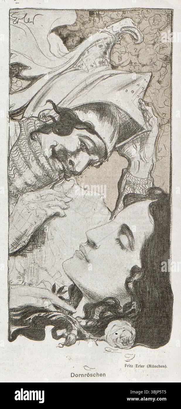 Fritz Erlers Illustration von 1898 für die Zeitschrift „Jugend“ zeigt Dornröschen. Das Werk mit komplexen Details fängt die märchenhafte Essenz der Figur in einer visuell reichen Komposition ein. Stockfoto
