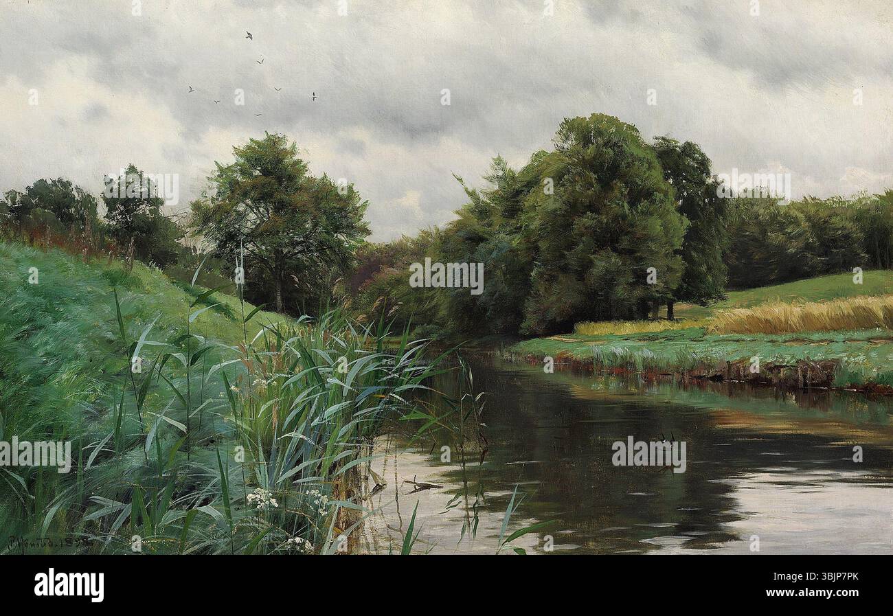 Peder Mønsted's Ölgemälde „Ein Fluss mit Vögeln“ aus dem Jahr 1898 zeigt eine friedliche, natürliche Umgebung, in der Vögel in einem fließenden Bach dargestellt werden. Der Künstler fängt sowohl die Bewegung des Wassers als auch die Ruhe der Vögel in ihrem Lebensraum ein und zeigt Mønsted außergewöhnliche Fähigkeit, Realismus mit atmosphärischen Effekten zu verbinden. Stockfoto