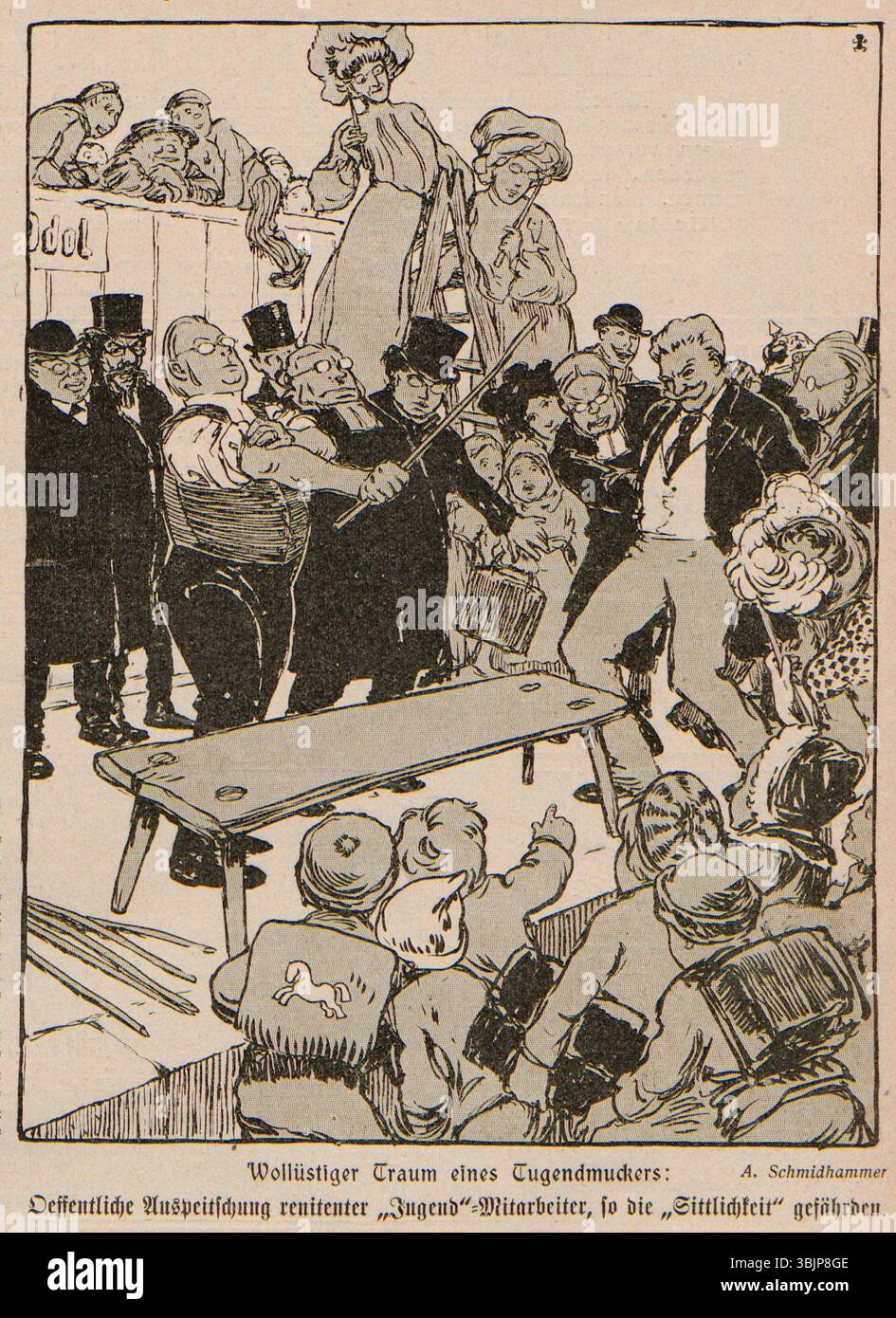 Arpad Schmidhammers Illustration von 1904 mit dem Titel „Öffentliche Auspeitschung renitenter Jugend-Mitarbeiter“ wurde in der Kunst- und Literaturzeitschrift „Jugend“, Ausgabe 52, veröffentlicht. Es zeigt eine öffentliche Auspeitschung eines rebellischen „Jugendarbeiters“, der die sozialen und kulturellen Spannungen dieser Zeit widerspiegelt. Stockfoto