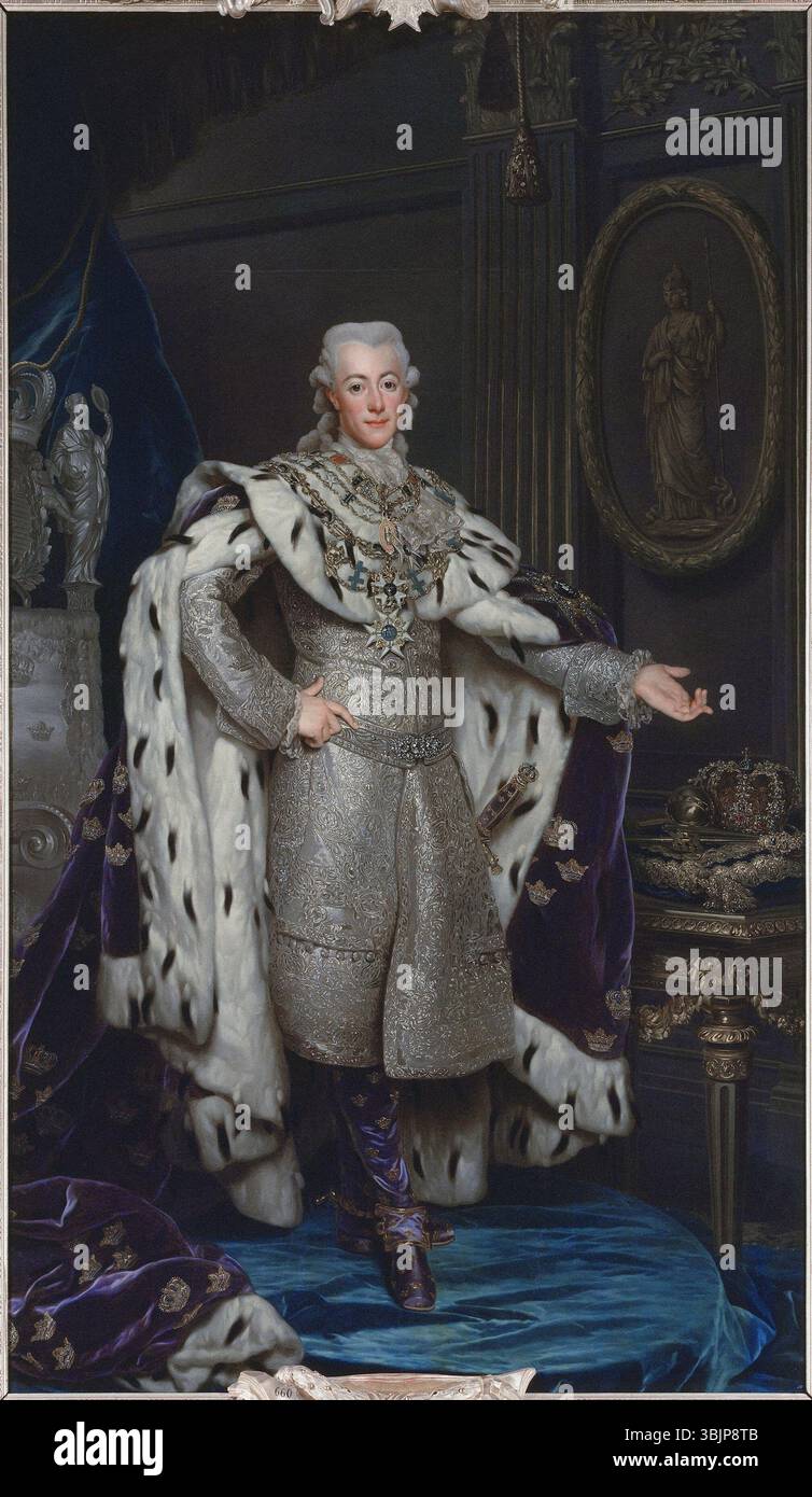 Dieses Porträt von Alexander Roslin aus dem Jahr 1777 zeigt Gustav III. Von Schweden in seinen Krönungsgewändern. Das Öl auf Leinwand fängt die königliche Präsenz des Königs ein und zeigt den luxuriösen Stoff und die komplizierten Details seiner zeremoniellen Kleidung. Stockfoto