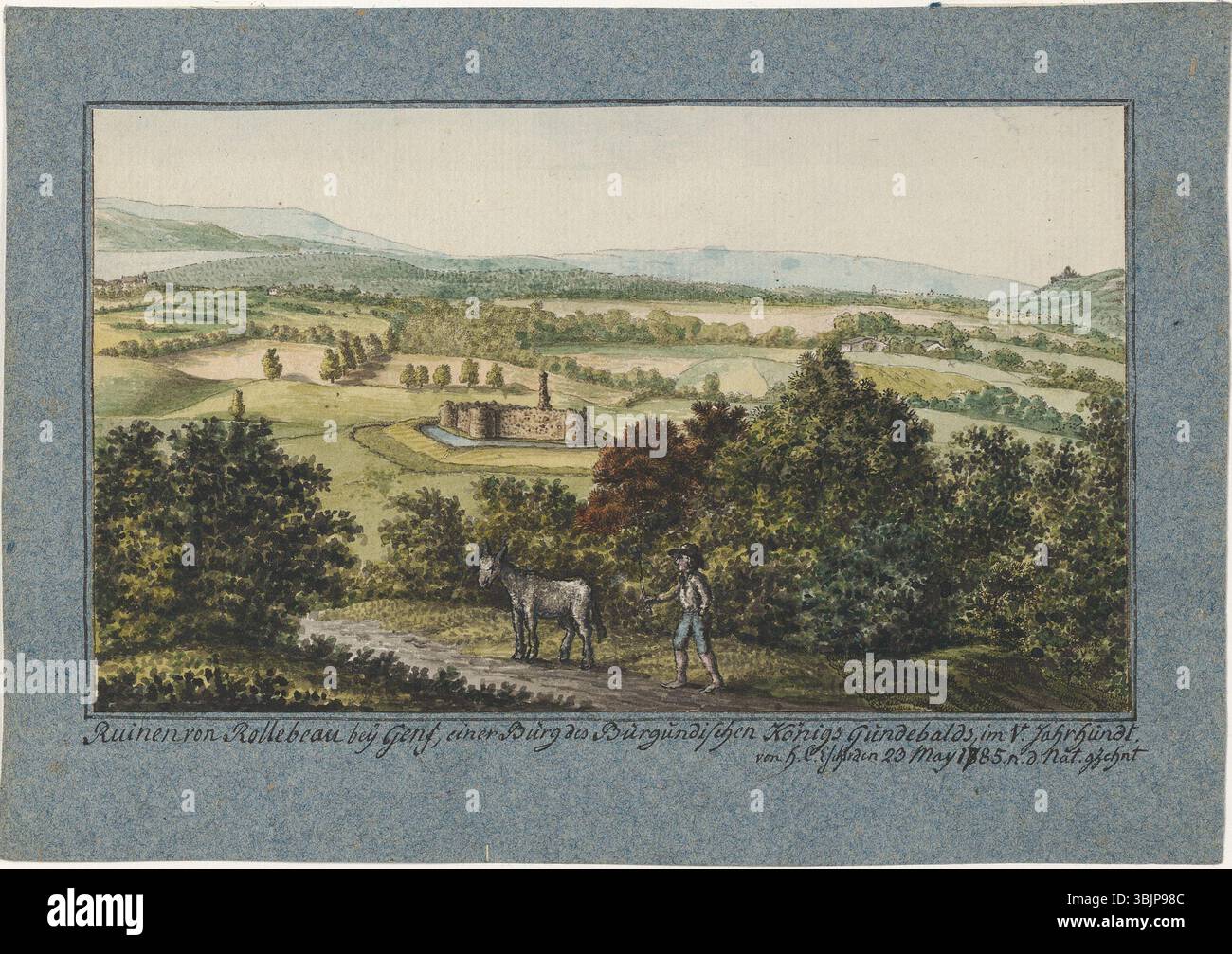 Die Ruine Rouelbeau (1785) von Hans Conrad Escher von der Linth ist eine detaillierte Zeichnung der Ruinen der Burg Rouelbeau in der Nähe des Genfer Sees. Eschers Verwendung von feiner Tinte und Aquarellen fängt die historische und atmosphärische Bedeutung des Ortes ein und betont die mittelalterliche Architektur und die umliegenden Sumpfgebiete. Stockfoto