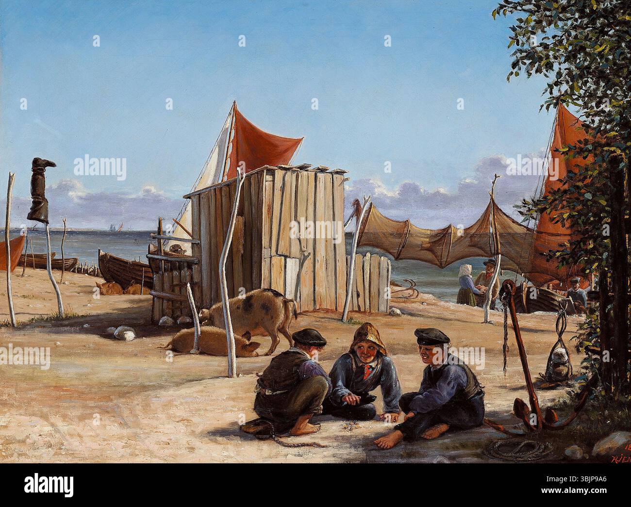 Harald Wilhelm Jensens Gemälde „Sommerdag på Taarbæk Strand“ Taarbæk aus dem Jahr 1859 in Öl auf Leinwand zeigt eine friedliche Strandszene an der dänischen Küste. Die ruhige Atmosphäre spiegelt Jensens Fokus auf die Einfachheit und Schönheit der Natur wider. Stockfoto