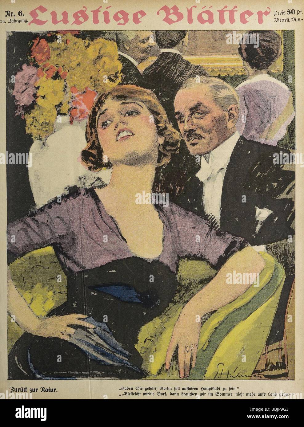 „Zurück zur Natur“ von Ernst Heilemann (1870–1936), entstanden im Februar 1919, ist eine satirische Illustration der lustigen Blätter Nr. 6, die sich mit dem Thema der Rückkehr in die Natur nach den Kriegsumbrüchen beschäftigt. Stockfoto