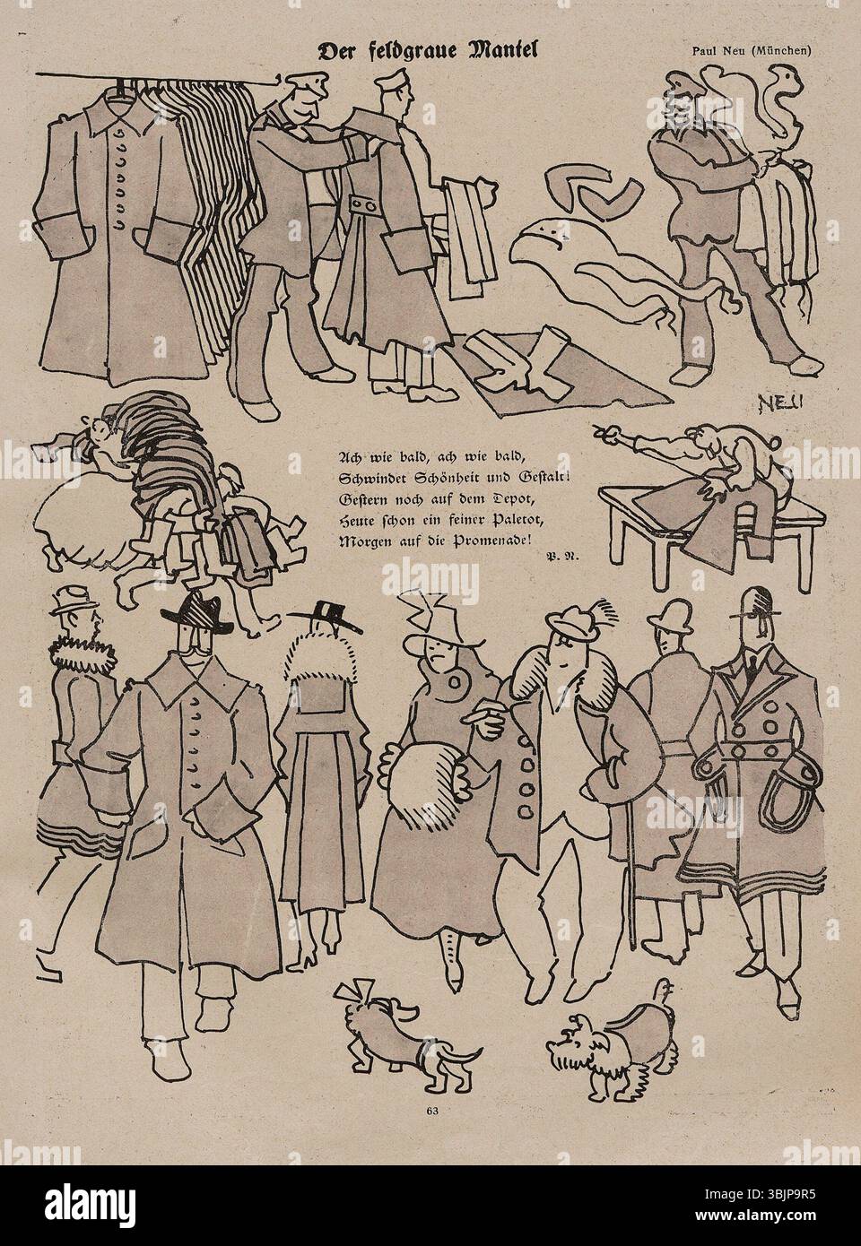 Paul Neus Illustration „der feldgraue Mantel“ in der Zeitschrift „Jugend“ (Ausgabe 03/1919) thematisiert zeitgenössische soziale und militärische Themen des Nachkriegsdeutschlands durch grafische Gestaltung. Stockfoto
