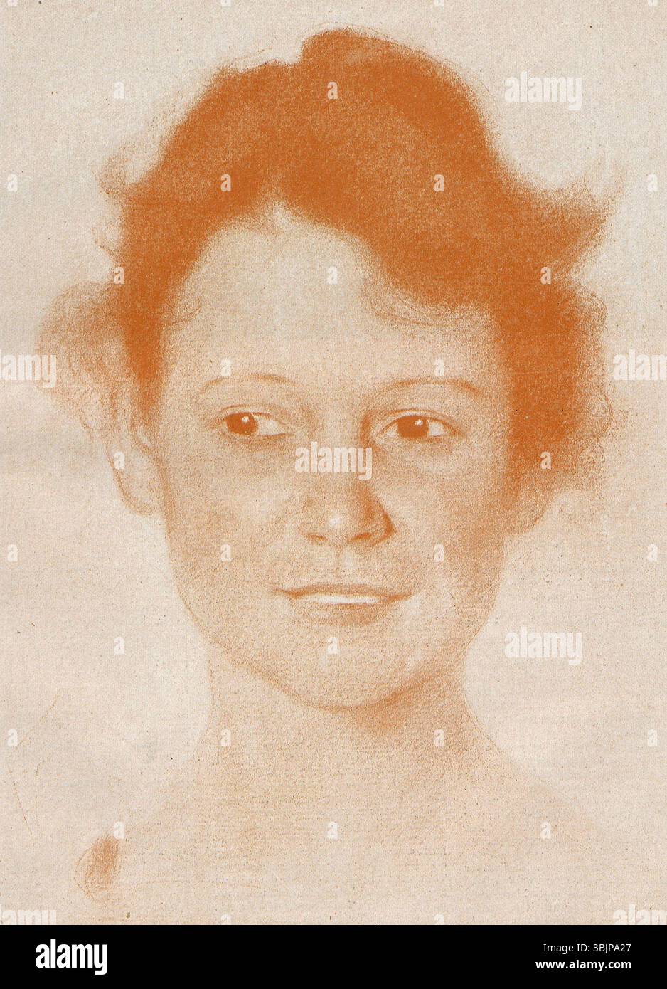 Fritz Erlers Gemälde „Junge Frau“ aus dem Jahr 1898 erschien in der deutschen Kunst- und Literaturzeitschrift Jugend, Ausgabe 26. Das Werk stellt eine junge Frau dar, die stilistische Trends in der deutschen Bildkultur des späten 19. Jahrhunderts widerspiegelt. Stockfoto