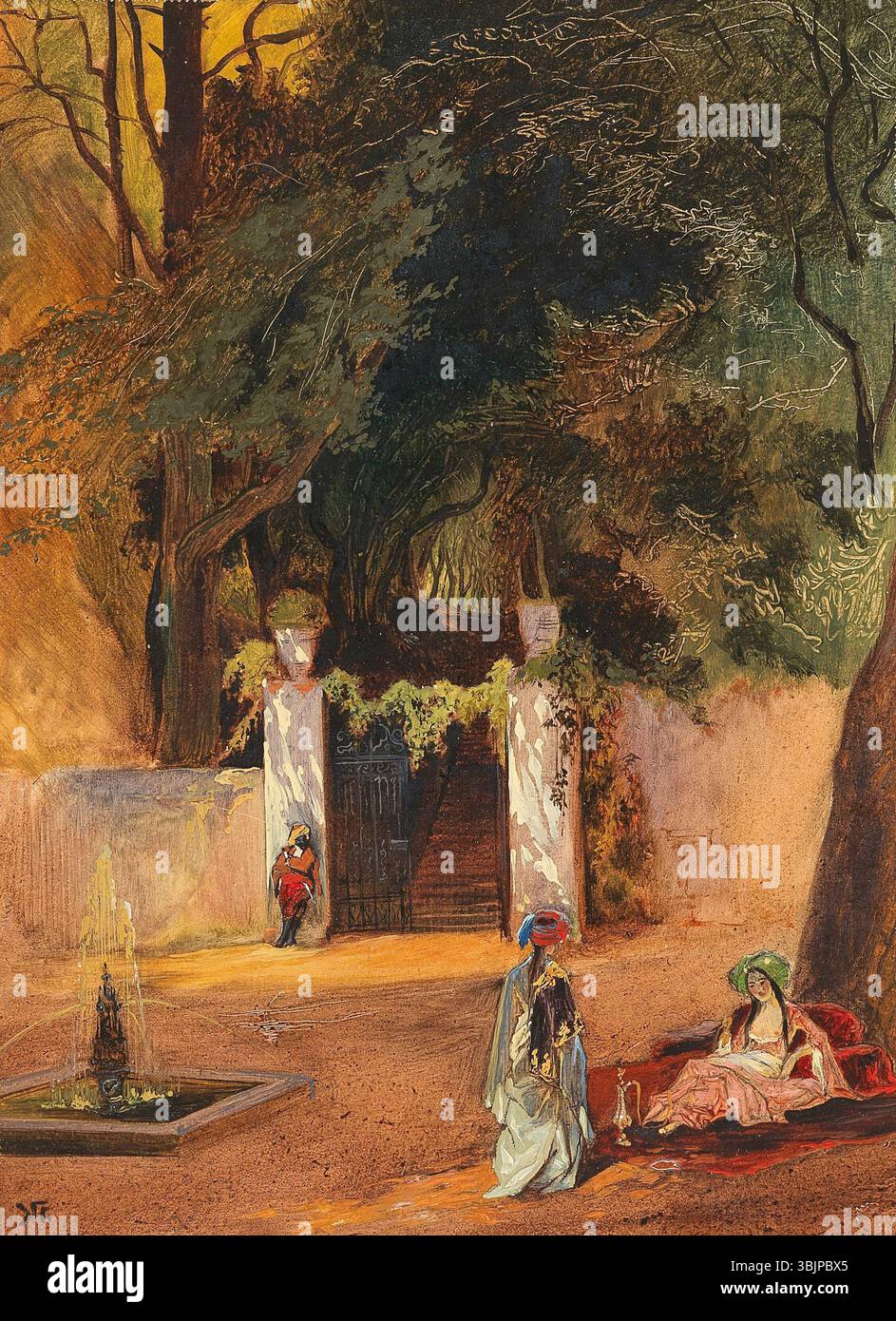„Orientalische Frauen im Hof“ von Grigori Gagarin aus dem Jahr 1839 zeigt Frauen im Innenhof eines osmanischen Harems. Die Ölskizze fängt die komplizierte Kleidung und Umgebung ein und spiegelt Gagarins Expertise bei der Illustration der östlichen Kultur und Architektur wider. Stockfoto