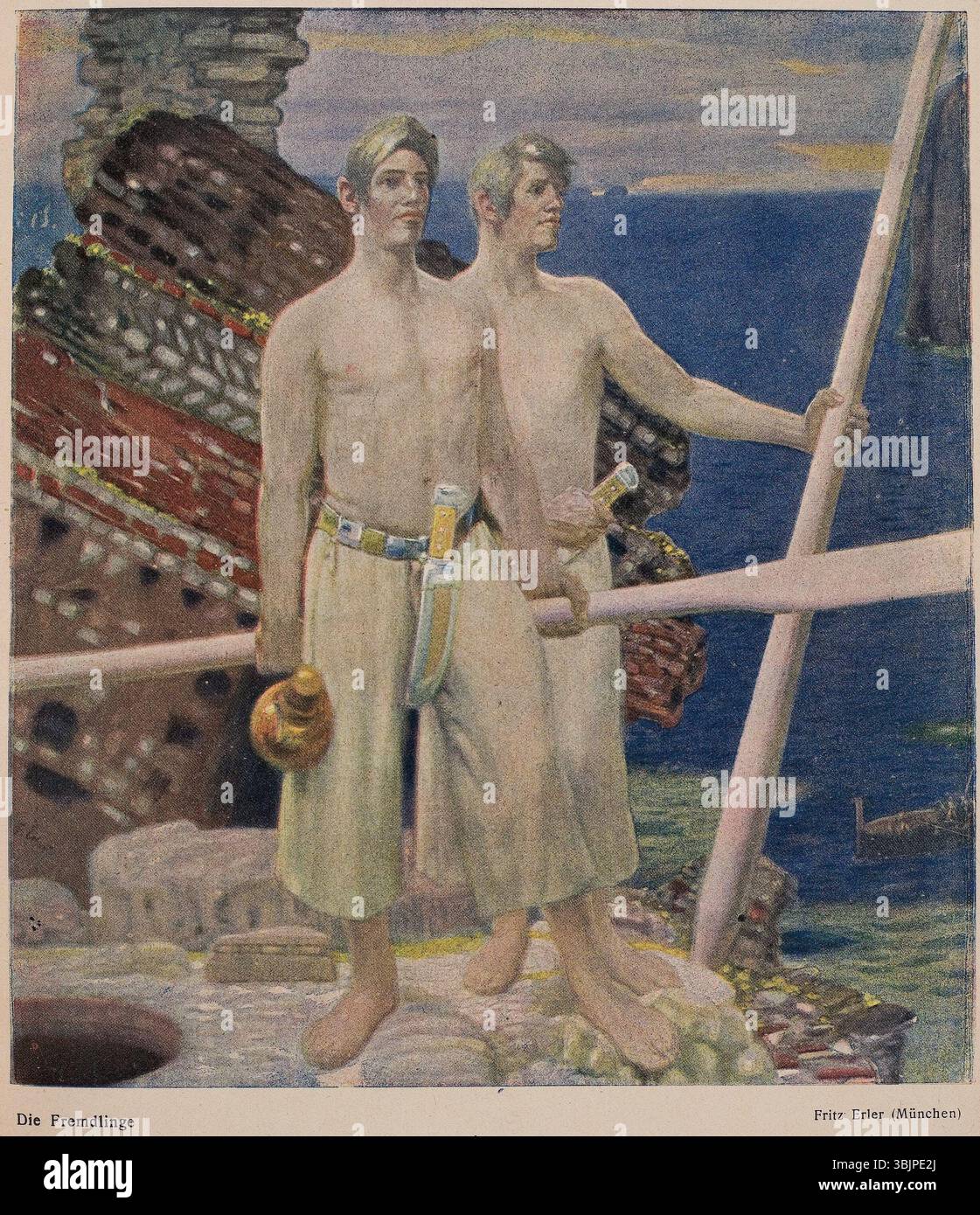 *Die Fremdlinge* (1905) von Fritz Erler (1868–1940) ist ein evokatives Gemälde, das Themen der Entfremdung und des Außenstehenden thematisiert. Das Werk wurde im Magazin *Jugend* vorgestellt und spiegelt Erlers Fähigkeit wider, emotionale Tiefe durch Farbe und Komposition zu vermitteln. Stockfoto
