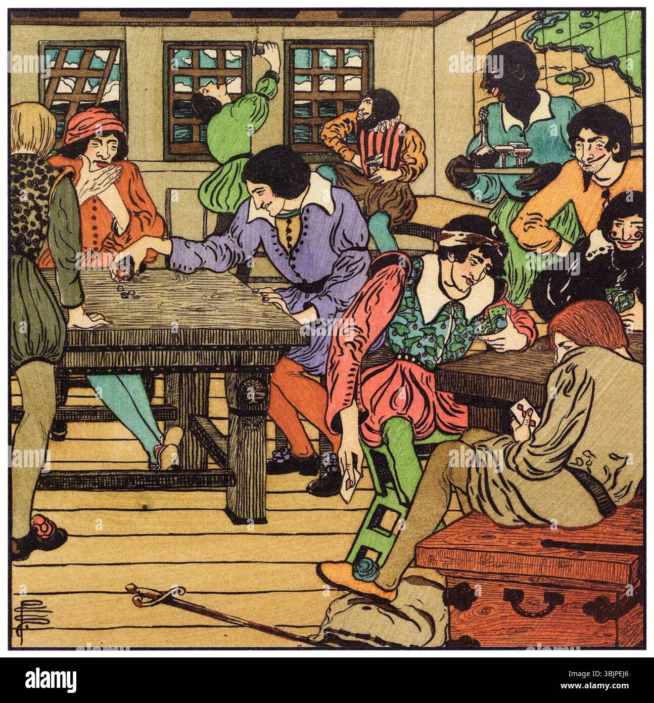 Pamela Colman Smiths Illustration für „The Golden Vanity Vers V“ (1899) zeigt Männer, die Spiele spielen. Die Zeichnung spiegelt Smiths Talent wider, skurrile, detaillierte Momente mit einem Fokus auf Erzählung und Charakter in ihren Illustrationen festzuhalten. Stockfoto