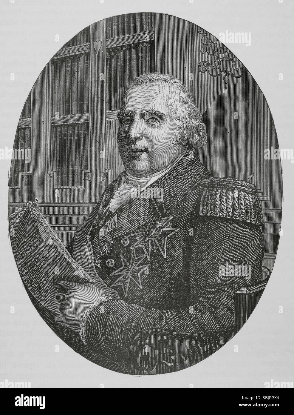 Louis XVIII (1755-1824). König von Frankreich und Navarra (1814–1824). Hochformat. Gravur. "Histoire du Consulat et de l'Empire" (Geschichte des Konsulats und des französischen Reiches unter Napoleon), von A. Thiers. Band IV. Veröffentlicht in Barcelona, 1879. Stockfoto
