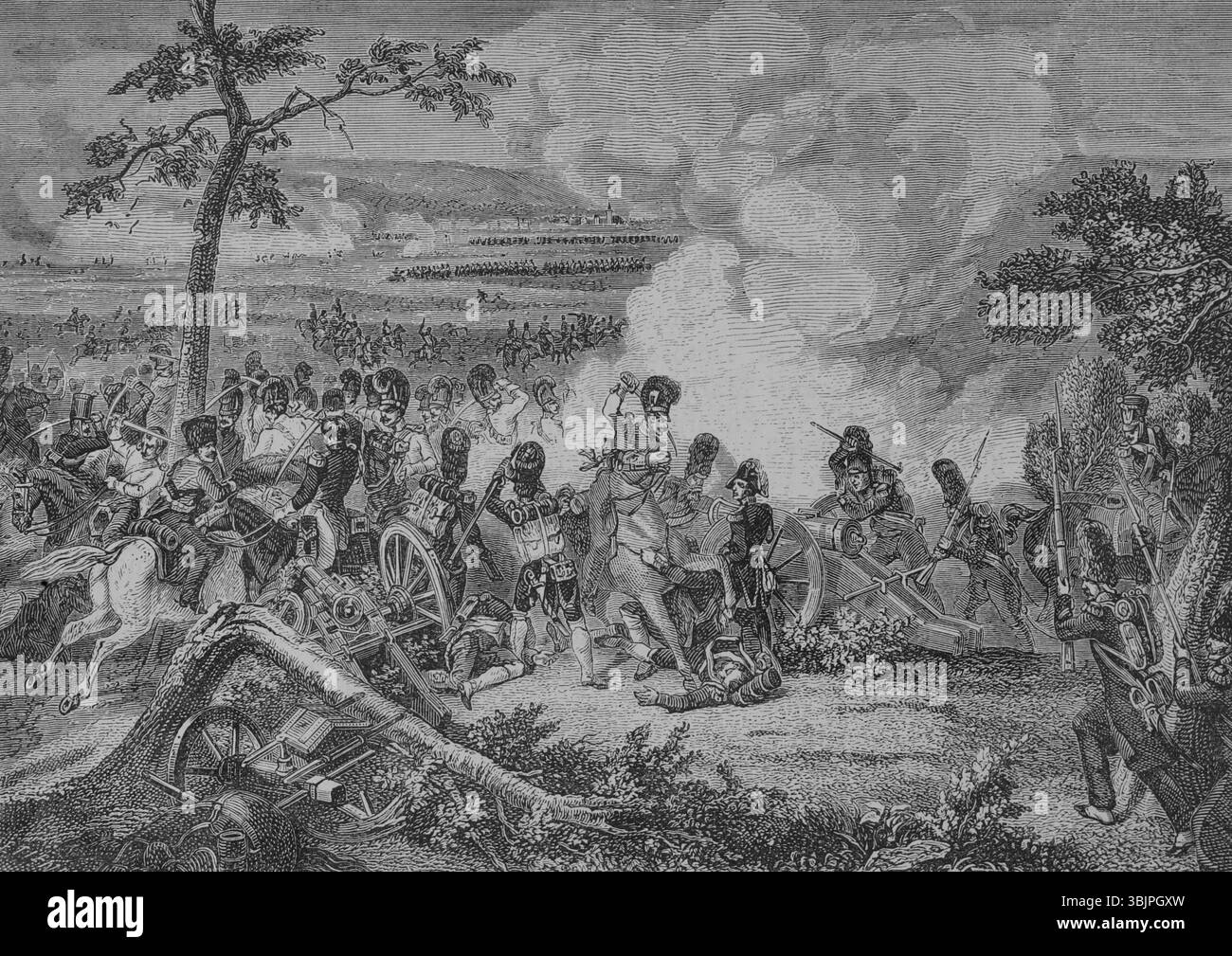 Schlacht bei Hanau (30-31. Oktober 1813). Die Auseinandersetzung zwischen den Truppen des österreichisch-bayerischen Korps Karl Philipp von Wrede (1767–1838) und Napoleons zurückziehender französischer Armee während des Sechsten Koalitionskrieges. Den französischen Truppen gelang es, die alliierte Armee abzuwehren und zurückzudrängen. Gravur. "Histoire du Consulat et de l'Empire" (Geschichte des Konsulats und des französischen Reiches unter Napoleon), von A. Thiers. Band IV. Veröffentlicht in Barcelona, 1879. Stockfoto