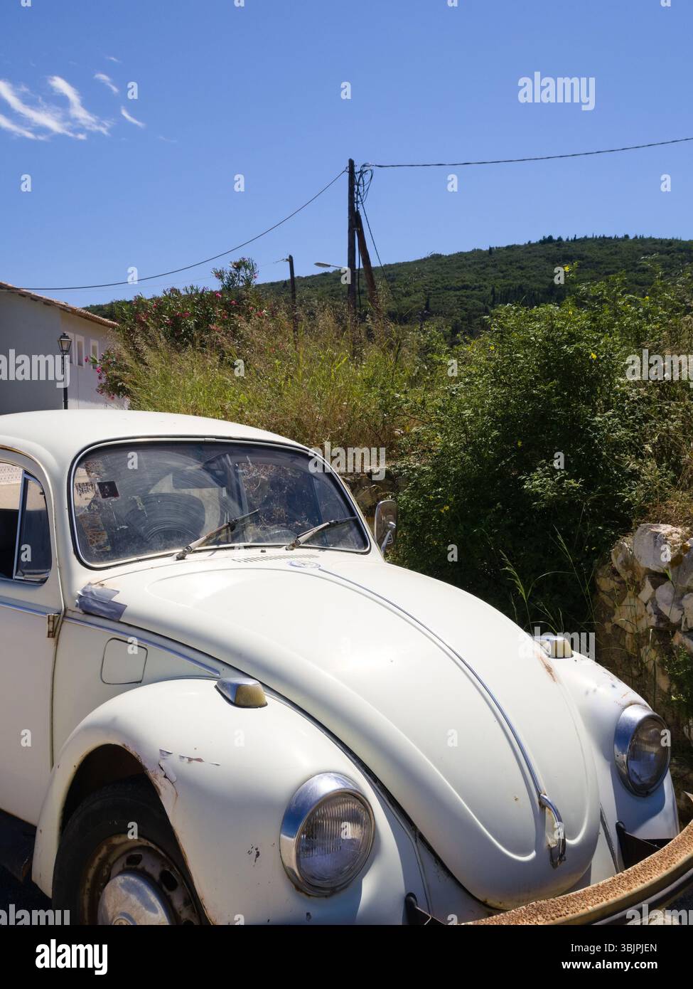 Weißer Oldtimer, der an einem klaren Sommertag vor einem Feld mit Büschen geparkt wurde, detailliert unter einem sonnigen blauen Himmel dargestellt. Stockfoto