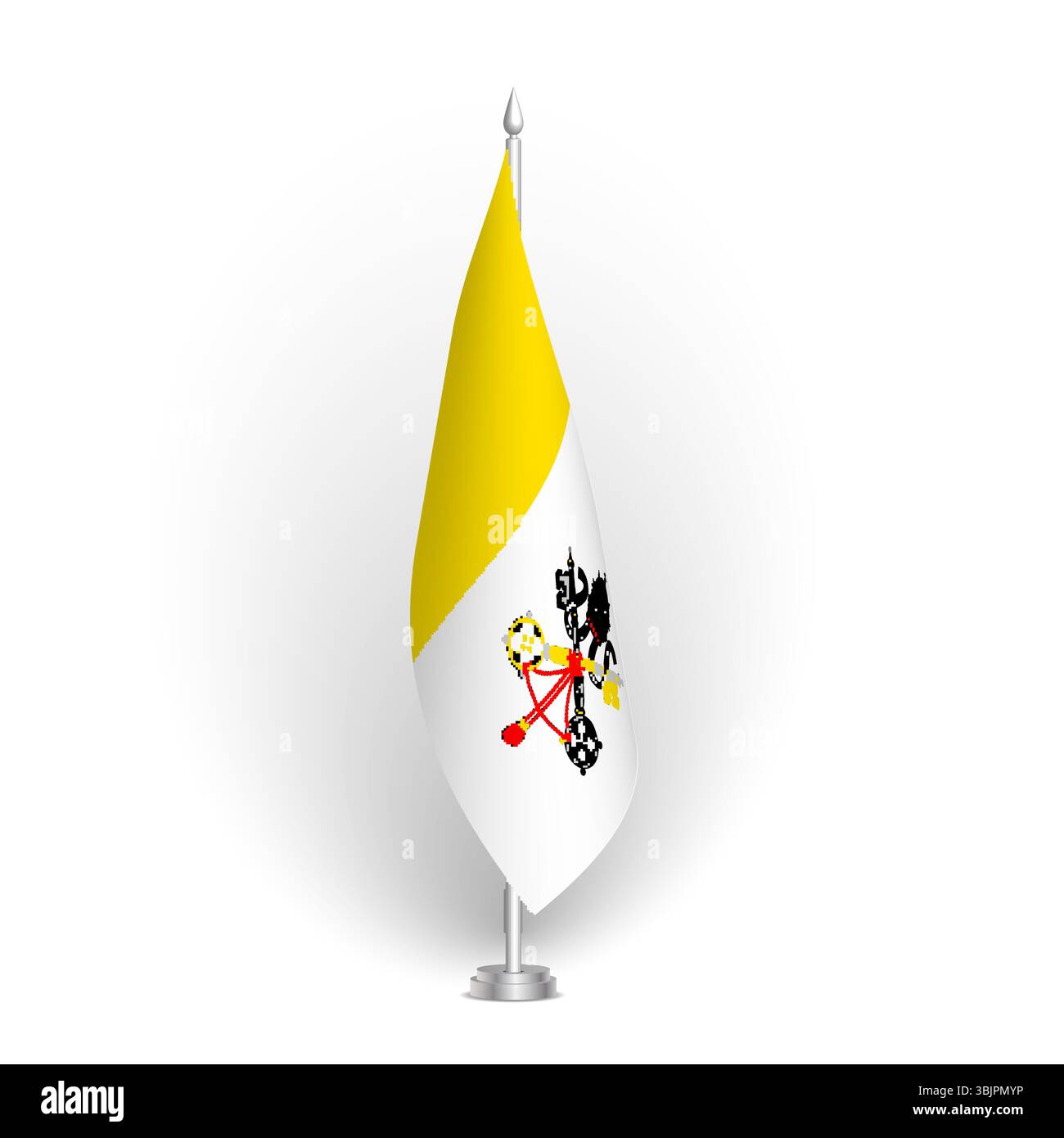 Vatikanstadt-Flagge - 3D-Standard-Konferenzflagge hängt am Bodenfahnenmast. Geeignet für Gipfeltreffen, Tagungen im Innenbereich, Konferenzräume, Regierungsbüros, Presseräume oder Empfänge. Vektorflagge mit Schattierung Stock Vektor