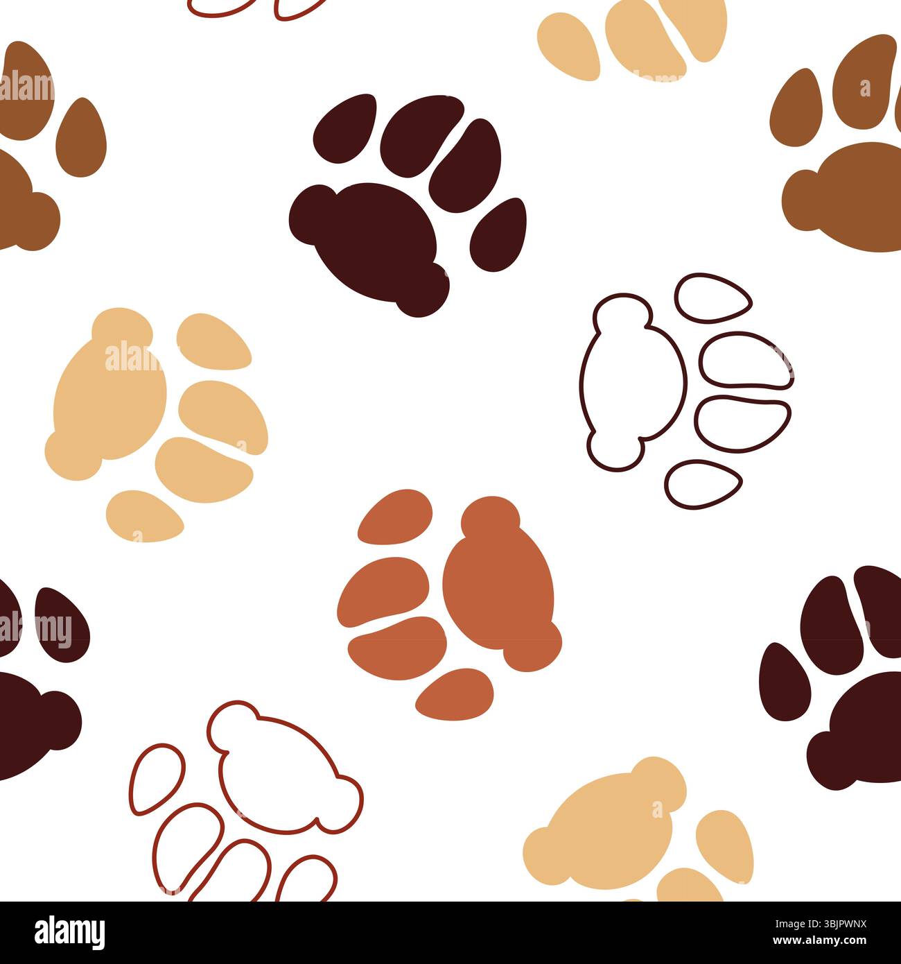 Die Hundepfote druckt nahtlos. Haustier-braune Fußabdrücke auf weißem Hintergrund. Vektorabbildung. Stock Vektor