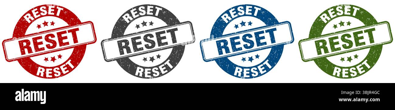 Stempel zurücksetzen. Setzen Sie den Stempelsatz auf weißem Hintergrund zurück Stock Vektor