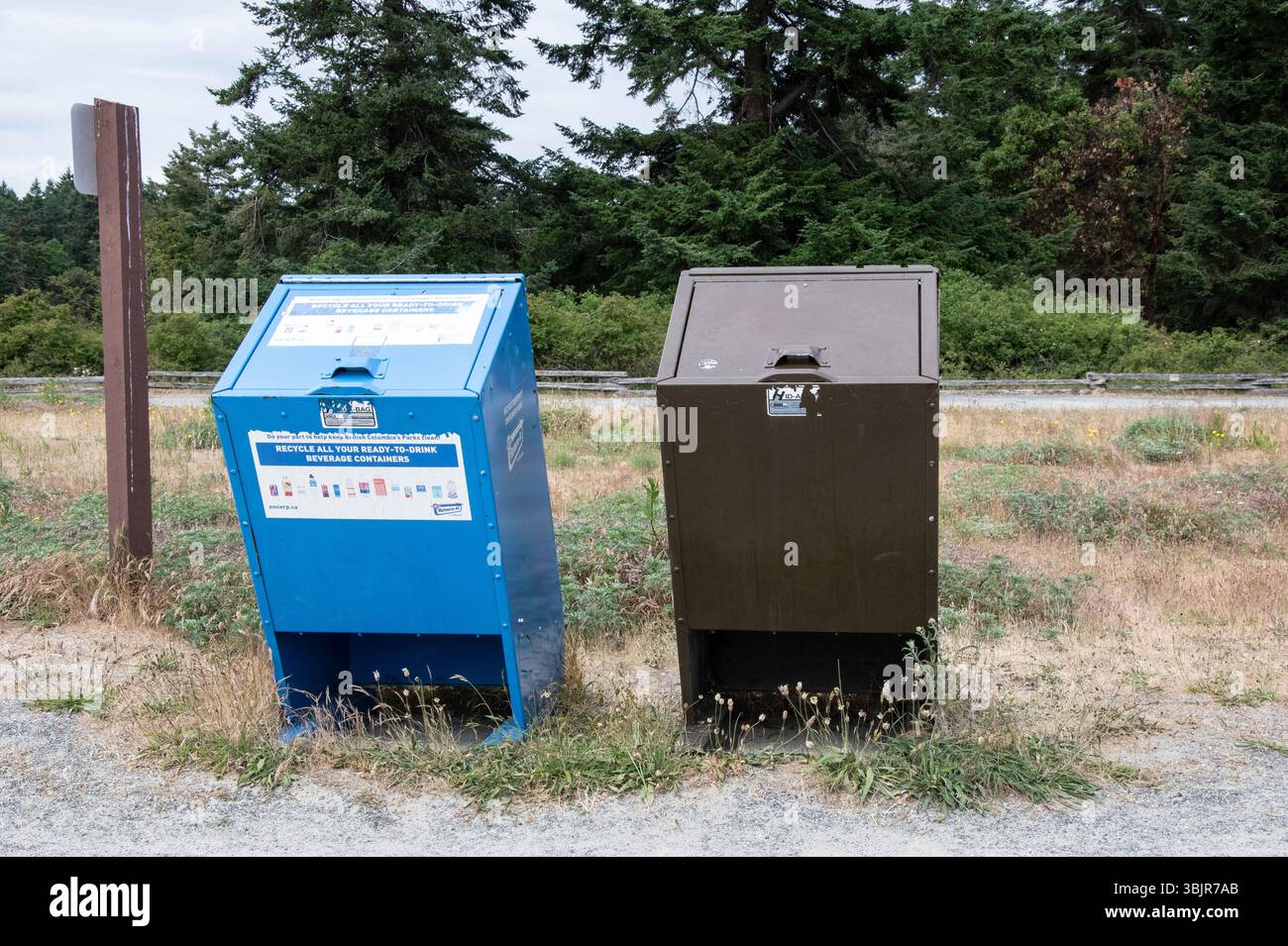 Müll- und Recyclingbehälter im Rathtrevor Beach Provincial Park in Parksville, British Columbia, Kanada Stockfoto