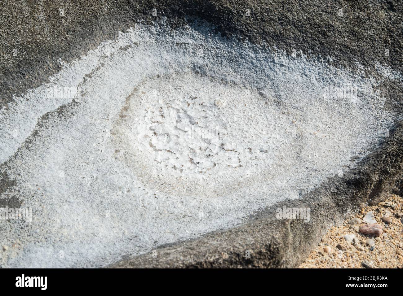 Salzkristalle in einer Steinhöhle auf einer Nahaufnahme am Meer Stockfoto
