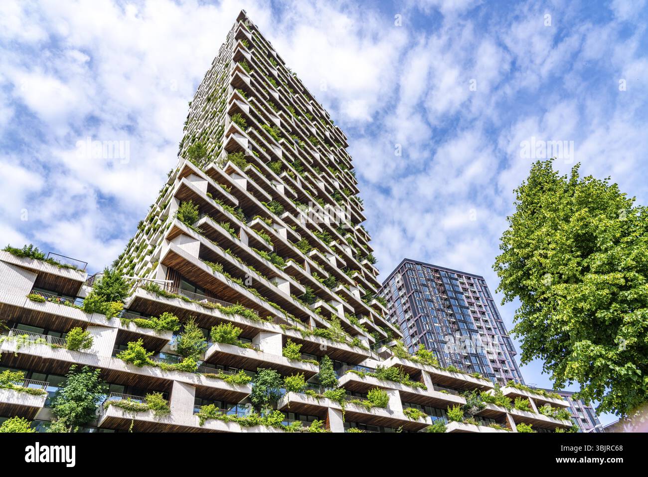Wonderwoods Wohnturm, eines von 2 grünen Gebäuden, in Utrecht im neuen gesunden Stadtviertel, am Hauptbahnhof, 105 Meter hoch mit 30 Stockfoto