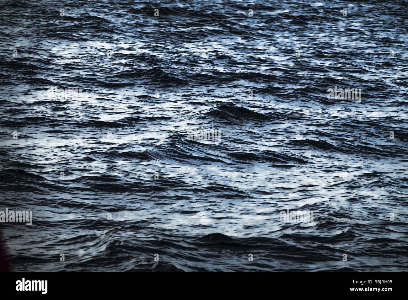 Dunkler Herbst stürmisches Meer bei windigem Wetter. Herbst düsterer depressiver Zustand. Wetterkatastrophen der kalten Jahreszeit Stockfoto