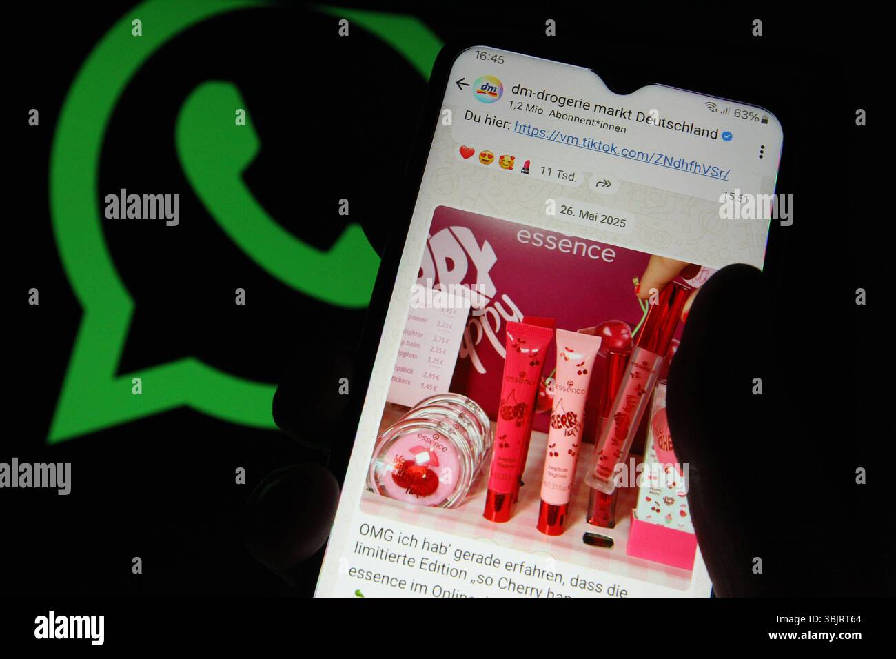 Auf einem Smartphone wurde der Kanal der Drogerie-Kette DM auf dem Instant-Messaging-Dienst WhatsApp aufgerufen. Dahinter ist auf einem Laptop das Logo von WhatsApp aufgerufen worden. Symbolbild/Symbolfoto. Schnelsen Hamburg *** der Kanal der Drogeriekette DM auf dem Instant Messaging Service WhatsApp wurde auf einem Smartphone dahinter aufgerufen, das WhatsApp Logo auf einem Laptop Symbol Bild Symbol Foto Schnelsen Hamburg Stockfoto