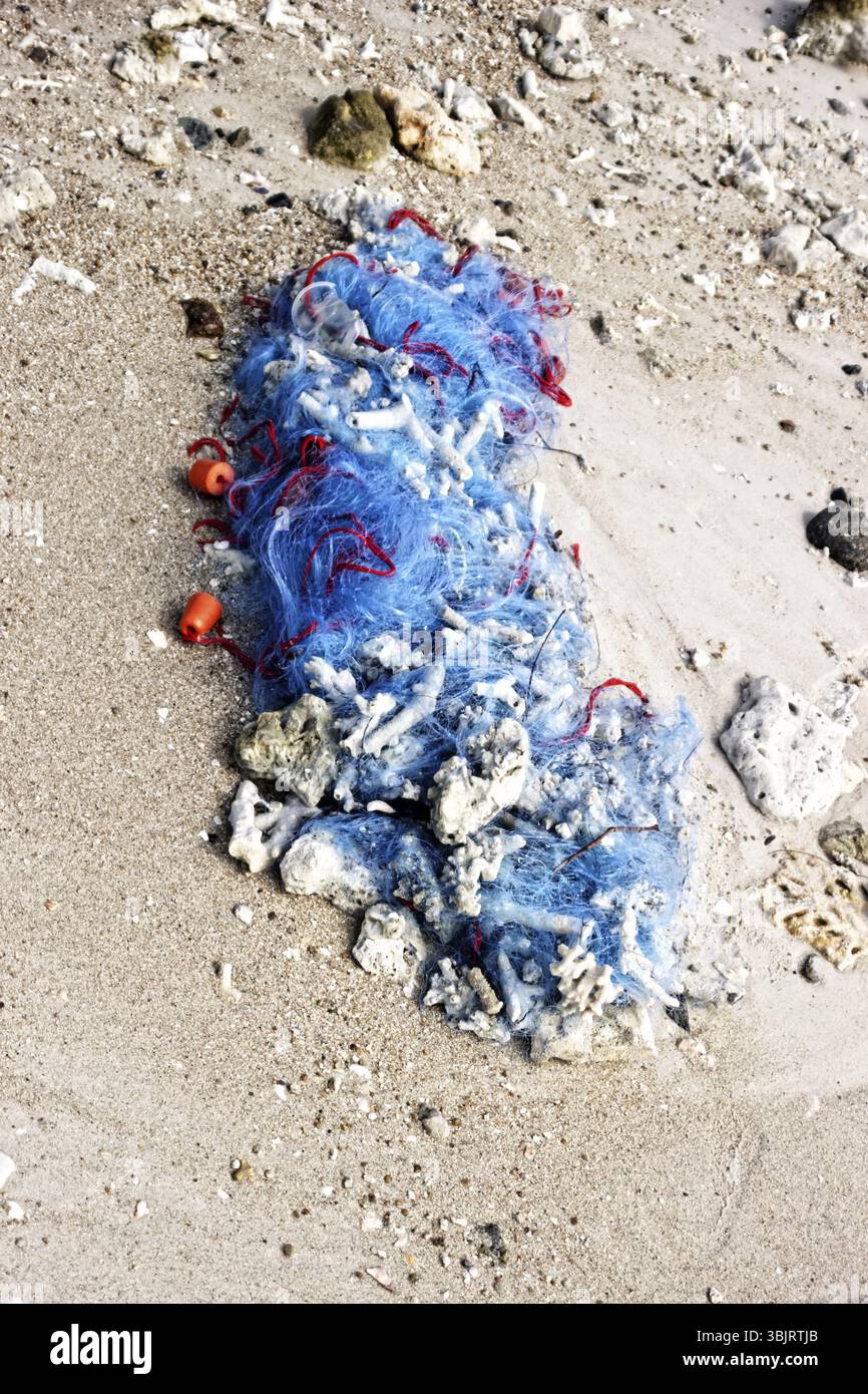 Das Fischernetz wird von Wilderern an Land aufgegeben. Günstige (Einweg-)Netze verschmutzen Gewässer und töten viele Fische Stockfoto Das Fischernetz wird von Wilderern an Land aufgegeben. Günstige (Einweg-)Netze verschmutzen Gewässer und töten viele Fische Stockfoto
