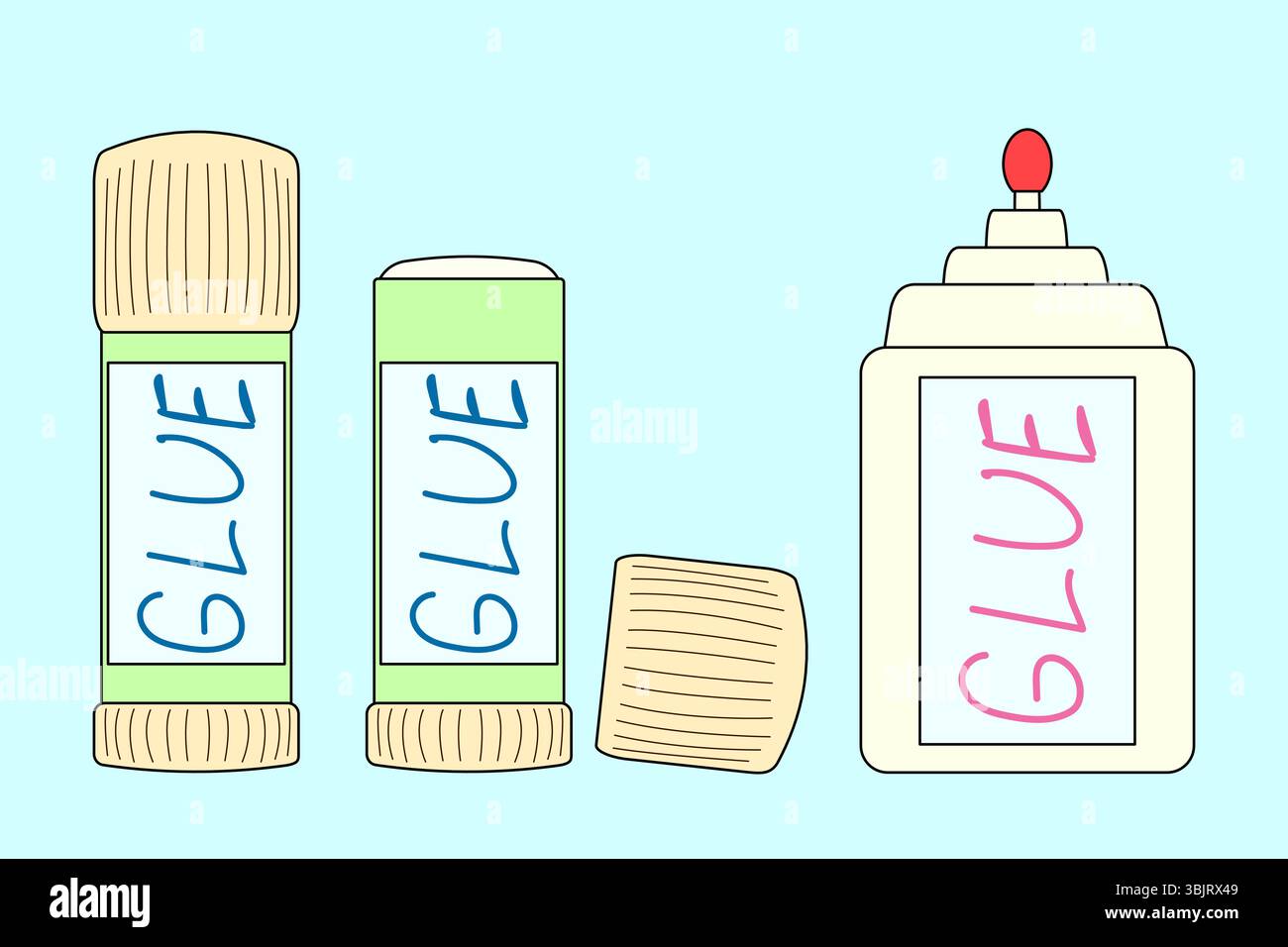 Verschiedene Arten von Schulhandwerk-Zubehör Set mit Klebesticks und Flüssigkleber-Flasche auf blauem Hintergrund. Für das Back-to-School-Schreibwarenkonzept, Educat Stock Vektor