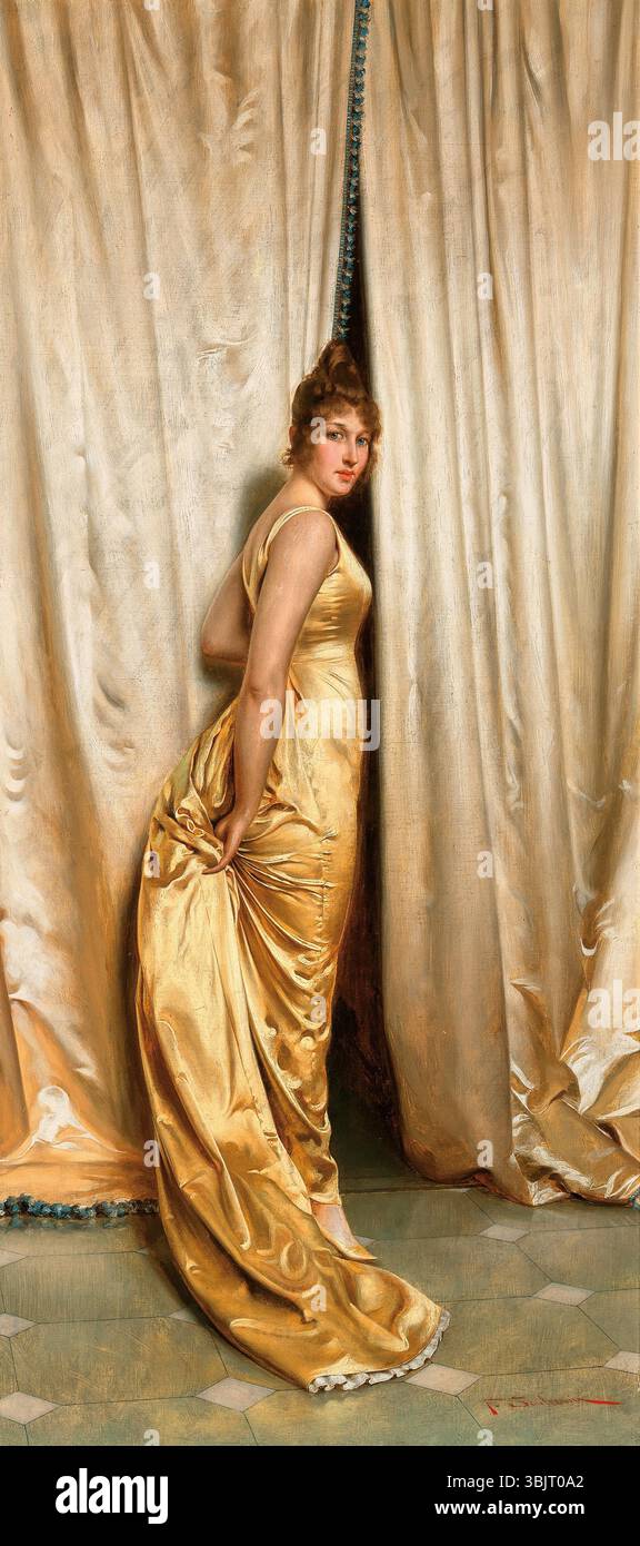 Ende des 19. Jahrhunderts oder Anfang des 20. Jahrhunderts Gemälde einer modisch gekleideten jungen Frau. Gemälde „L’elegant“ von Frédéric Soulacroix (1858–1933) Stockfoto