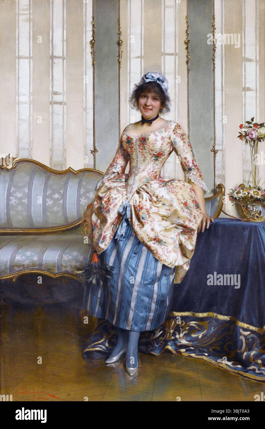 Ende des 19. Jahrhunderts oder Anfang des 20. Jahrhunderts Gemälde einer modisch gekleideten jungen Frau. Gemälde „die elegante Magd“ von Frédéric Soulacroix (1858–1933) Stockfoto