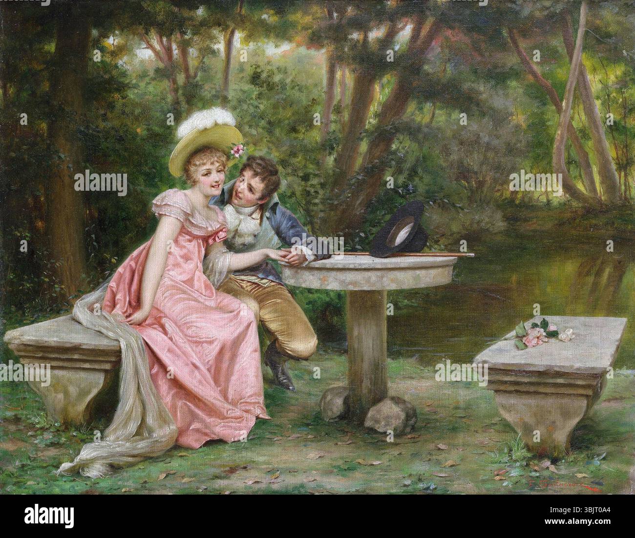 Gemälde des späten 19. Oder frühen 20. Jahrhunderts eines modisch gekleideten Paares, das in einem Garten flirtet. Gemälde „die Liebenden“ Tryst von Frédéric Soulacroix (1858–1933) Stockfoto