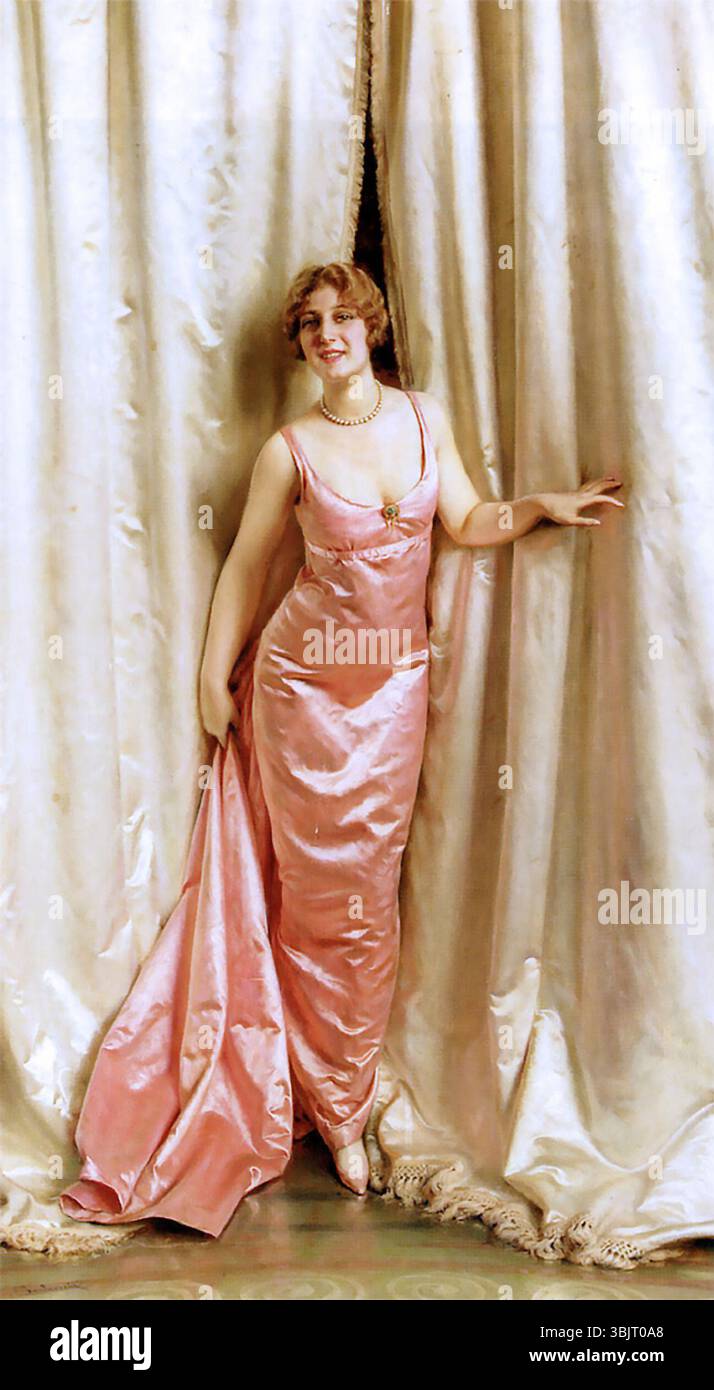 Gemälde einer gut gekleideten Frau aus dem späten 19. Oder frühen 20. Jahrhundert, die ihren Eingang durch einen Vorhang macht. Gemälde „der elegante Eingang“ von Frédéric Soulacroix (1858–1933) Stockfoto