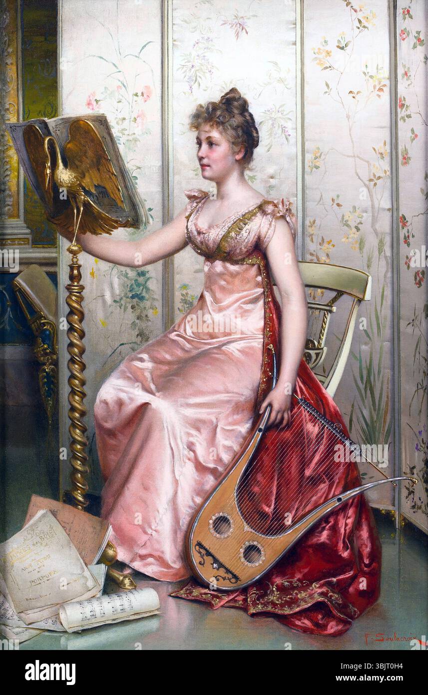 Gemälde einer modisch gekleideten jungen Frau aus dem späten 19. Oder frühen 20. Jahrhundert, die sich darauf vorbereitet, bei einem Konzert eine Harfe zu spielen. Gemälde „The Recital“ von Frédéric Soulacroix (1858–1933) Stockfoto