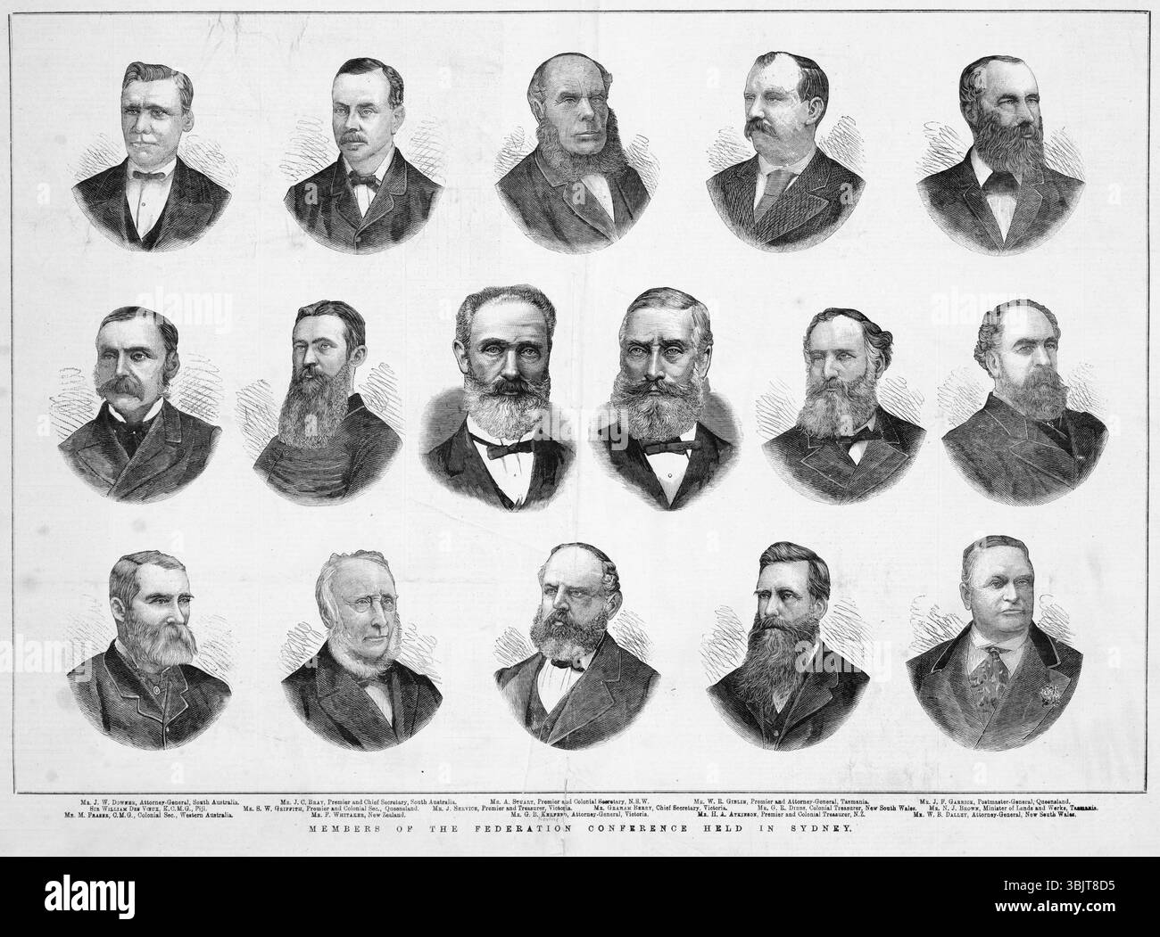 Mitglieder der Federation Conference, die 1884 in Sydney stattfand: Oberste Reihe, links-rechts: J W Downer, Generalstaatsanwalt, South Australia J C Bray, Premier, S. Australia A Stuart, Premier, New South Wales W R Giblin, Premier, Tasmania J F Garrick, Postmaster General, Queensland mittlere Reihe, links-rechts: W des Voeux, KCMG, Fiji S W Griffith, Premier, Queensland J Service, Premier, Victoria Graham Berry Chief Secretary, Victoria G R Dibbs, Colonial Treasurer, New South Wales N J Brown, Minister für Land und Arbeiten, Tasmanien, untere Reihe, links-rechts: M Fraser, Colonial Secretary, W. Australia F Whitaker, Stockfoto