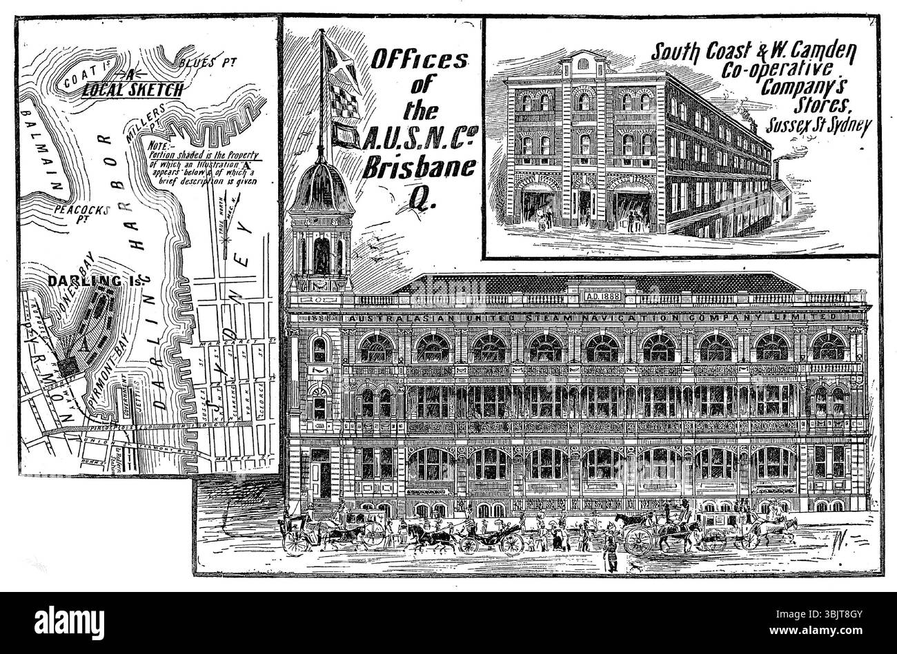 Bürogebäude der Australasian United Steam Navigation Company in Brisbane und der Geschäfte der South Coast and West Camden Co-operative Company in Sydney, aus der Aldine Centennial History of New South Wales, 1888 Stockfoto